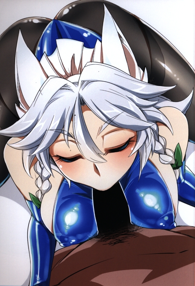 big_breasts blue_leotard censored closed_eyes erect_nipples fellatio female latex leotard maid male pantyhose sakuya_izayoi tagme tajima_yuuki touhou white_hair