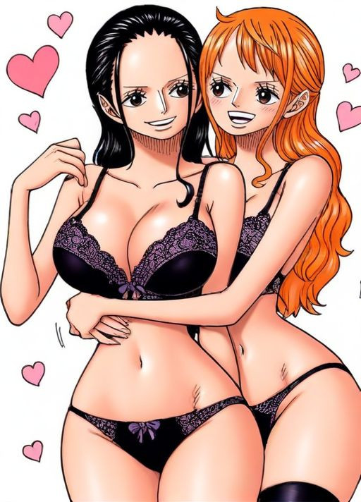 2girls, accurate art style, ai generated, big breasts, black hair, black lingerie, black-haired female, bra, breasts, brown eyes, female, female only, flirting, ginger, ginger hair, heart symbol, hourglass figure, hugging, hugging from behind, lace-trimmed bra, lace-trimmed panties, lingerie, lingerie only, long hair, long legs, manga style, nami (one piece), nico robin, one piece, orange hair, orange-haired female, panties, simple background, slim waist, stockings, thighhighs, yuri