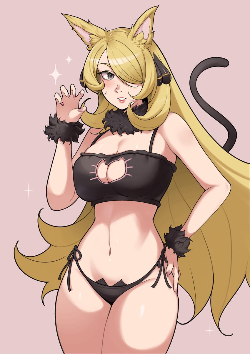 blonde hair, boob window, bra, cat ears, cat tail, catgirl, cleavage, cynthia (pokemon), deliciousbrain, game freak, hourglass figure, large breasts, long hair, navel, nintendo, panties, pokemon, pokemon dppt