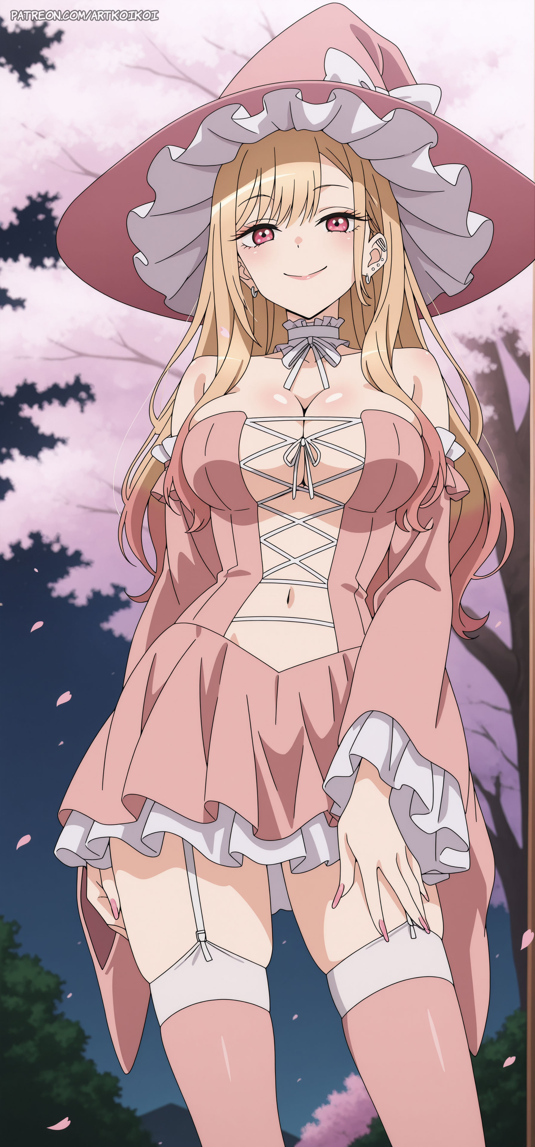 1girls, ai generated, artkoikoi, big breasts, blonde hair, breasts, choker, corset, female, fit female, garter belt, garter straps, halloween, halloween costume, hourglass figure, kitagawa marin, laced corset, my dress up darling, nail polish, painted nails, piercing, pink nails, red eyes, short skirt, sleeves, slim waist, sono bisque doll wa koi wo suru, stockings, thigh squish, witch, witch costume, witch hat