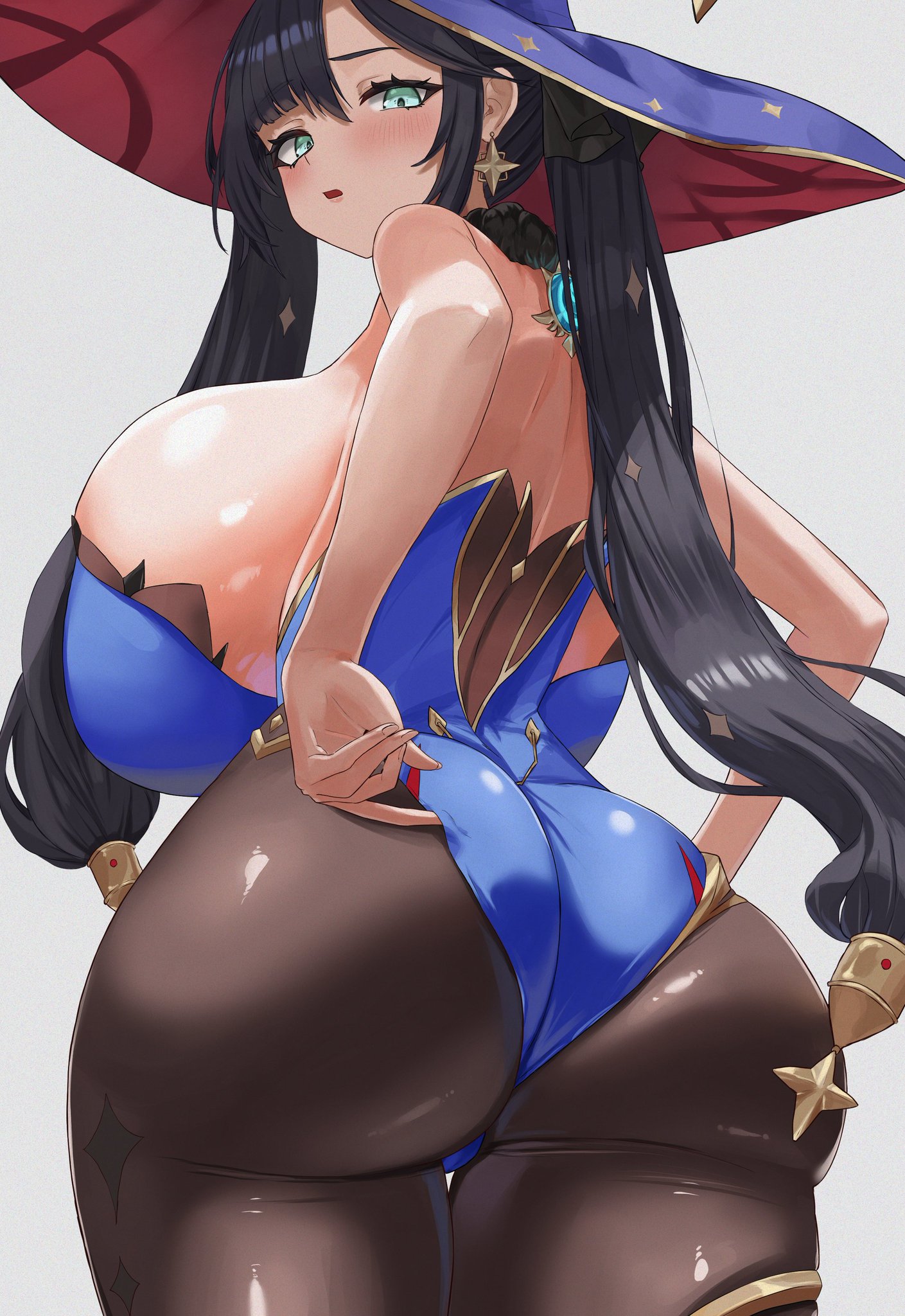 1girls, ass, ass cleavage, bare shoulders, big ass, black hair, breasts, earrings, female, female only, genshin impact, green eyes, huge ass, huge breasts, leotard, light skin, light-skinned female, looking back, massive breasts, megaonefreak, mona (genshin impact), pantyhose, solo, thick thighs, twintails