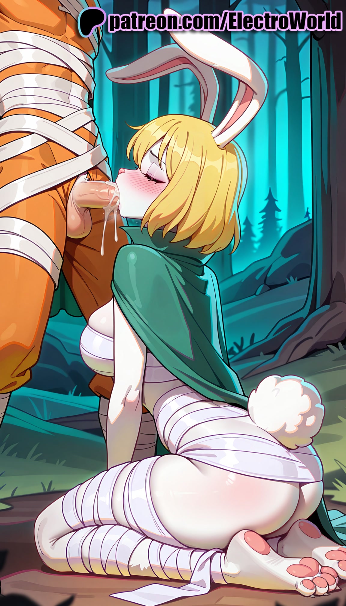 1boy, 1girls, 2025, ai generated, animal ears, arm wrap, artist name, ass, bamboo forest, bandage over one eye, bandaged arm, bandaged hand, bandaged head, bandaged leg, bandaged neck, bandages, bandaid on face, blonde hair, blowjob, blowjob face, blush, budget sarashi, bush, cape, carrot, carrot (one piece), cast, closed eyes, cock, cum, cum in mouth, dick, electroworld, feet, fellatio, female, forest, grass, halloween, hi res, high quality, high resolution, highres, jack-o'-lantern, leg wrap, licking, male, mummy, mummy costume, naked bandage, nature, one piece, oral, oral sex, patreon, patreon username, penis, playboy bunny, pumpkin, rabbit ears, rabbit girl, rabbit tail, sarashi, short hair, sitting, soles, stable diffusion, straight, sucking, toes, tree, watermark, wrist wrap
