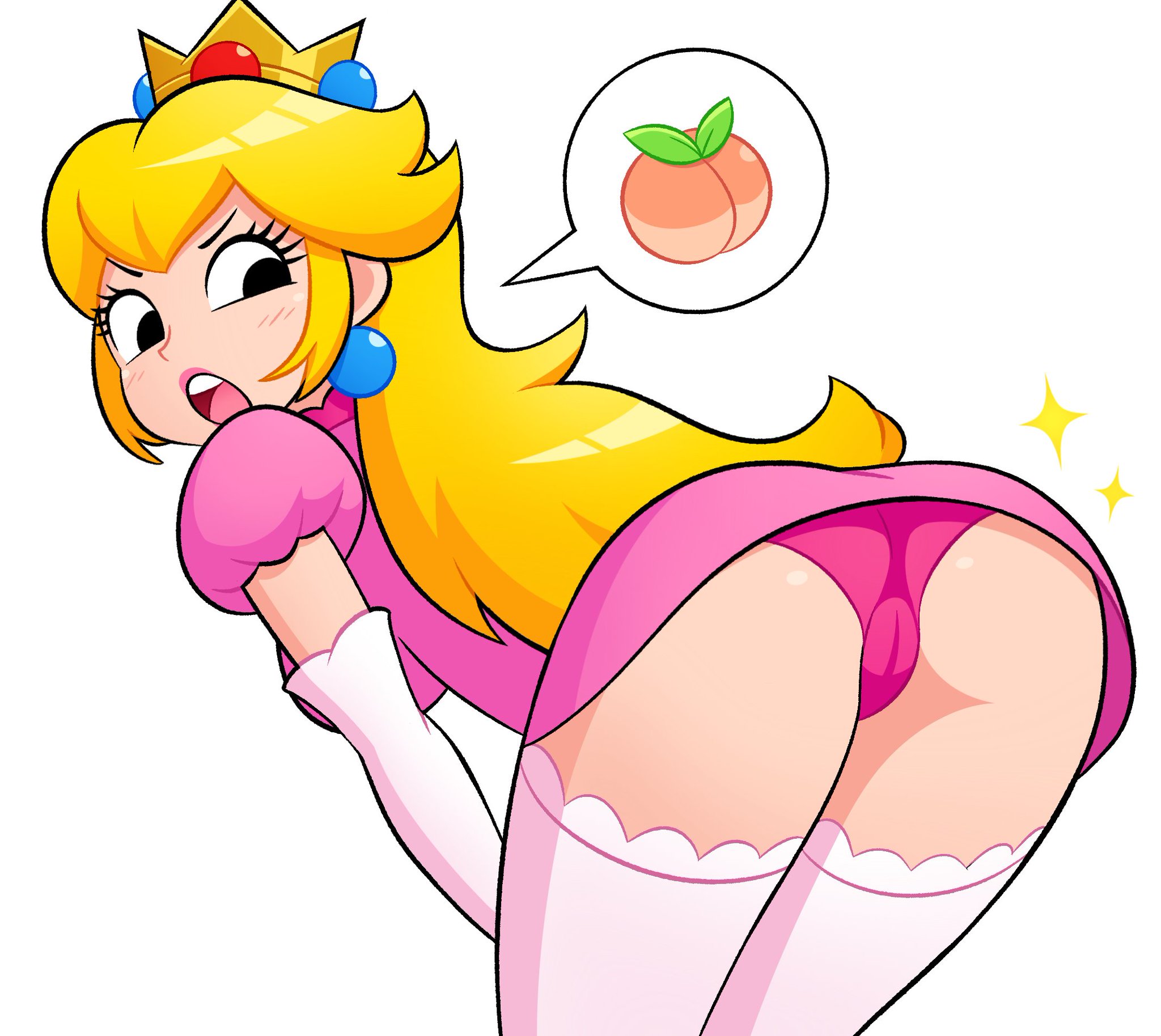 2026, ass, ass focus, black pupils, blonde hair, bottomless, bottomless female, crown, dingitydingus, dummygoob, long blonde hair, looking back, mario (series), nintendo, panties, pink dress, princess, princess peach, pussy covered, simple background, speech bubble, super mario bros., underwear, upskirt