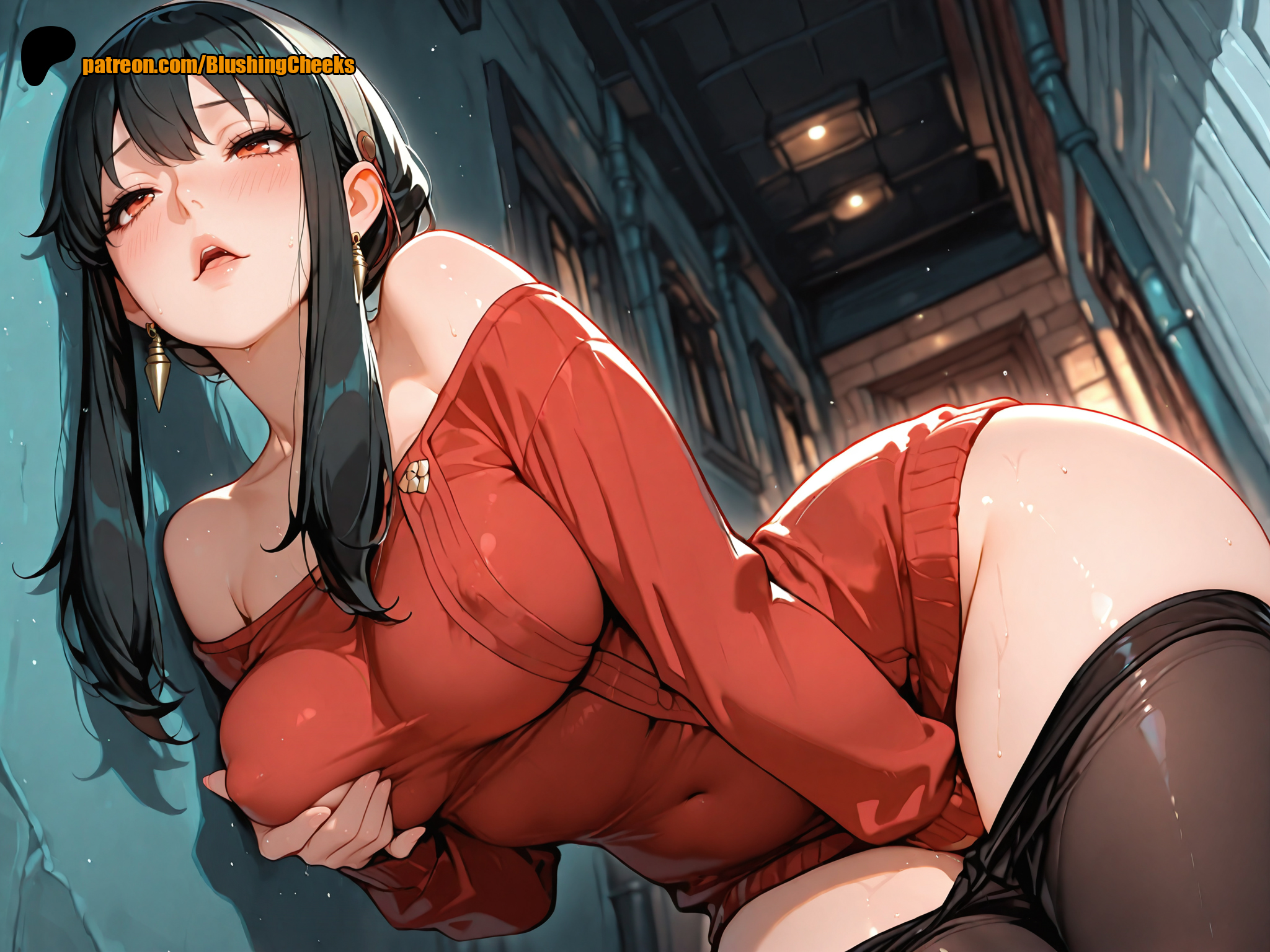 against wall, ai generated, arched back, backalley, bare shoulders, blushingcheeks, breast grab, breasts, clothed masturbation, female, grabbing own breast, hand in crotch, hand in pantyhose, huge ass, masturbation, outdoors, pantyhose, pantyhose pull, pussy, pussy juice, spy x family, standing masturbation, stealth masturbation, thick thighs, torogao, wide hips, yor briar, yor forger