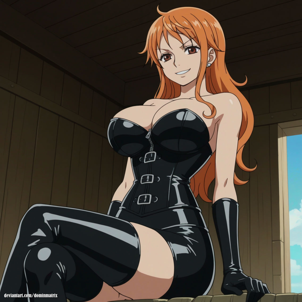 1girls, ai generated, big breasts, boots, breasts, brown eyes, cleavage, confident, corset, crossed legs, dominant, dominatrix, dominatrix outfit, dominmatrix, female, female only, ginger, ginger hair, gloves, hourglass figure, latex, latex boots, latex corset, latex gloves, long hair, long legs, looking down, nami (one piece), one piece, orange hair, orange-haired female, sitting, sitting on bed, slim waist, thighhigh boots