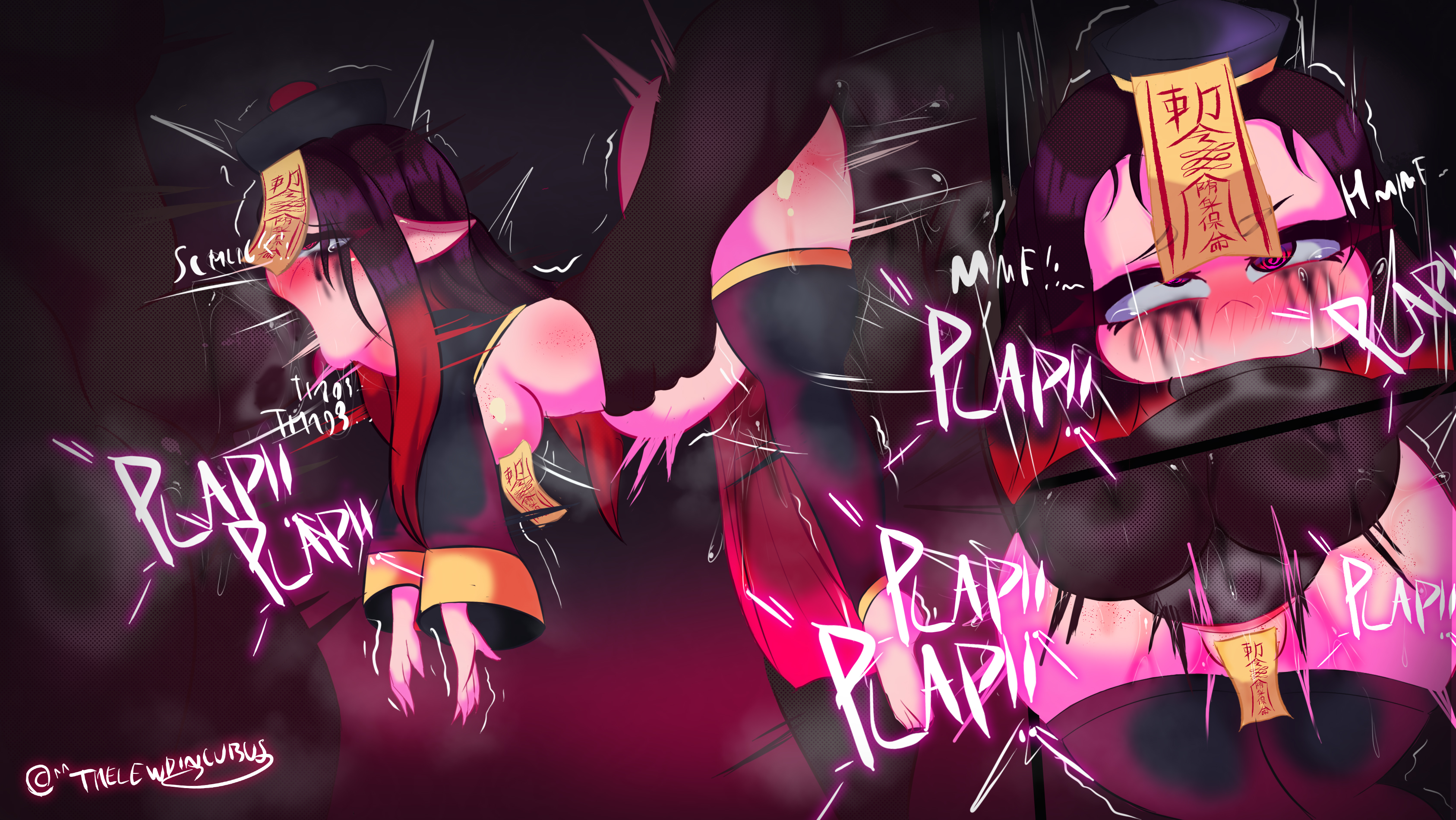 1girls, 2boys, 2boys1girl, anal, black body, bulge, covered pussy, dark-skinned male, deepthroat, demon slayer, double penetration, drakesama, drool, drool on face, drool string, drooling, female, halloween, jiangshi, jiangshi costume, kamado nezuko, male, outfit, panels, pussy, rear view, ruined makeup, side view, spitroast, stomach bulge, suspended, suspended in midair, tongue out, white skin