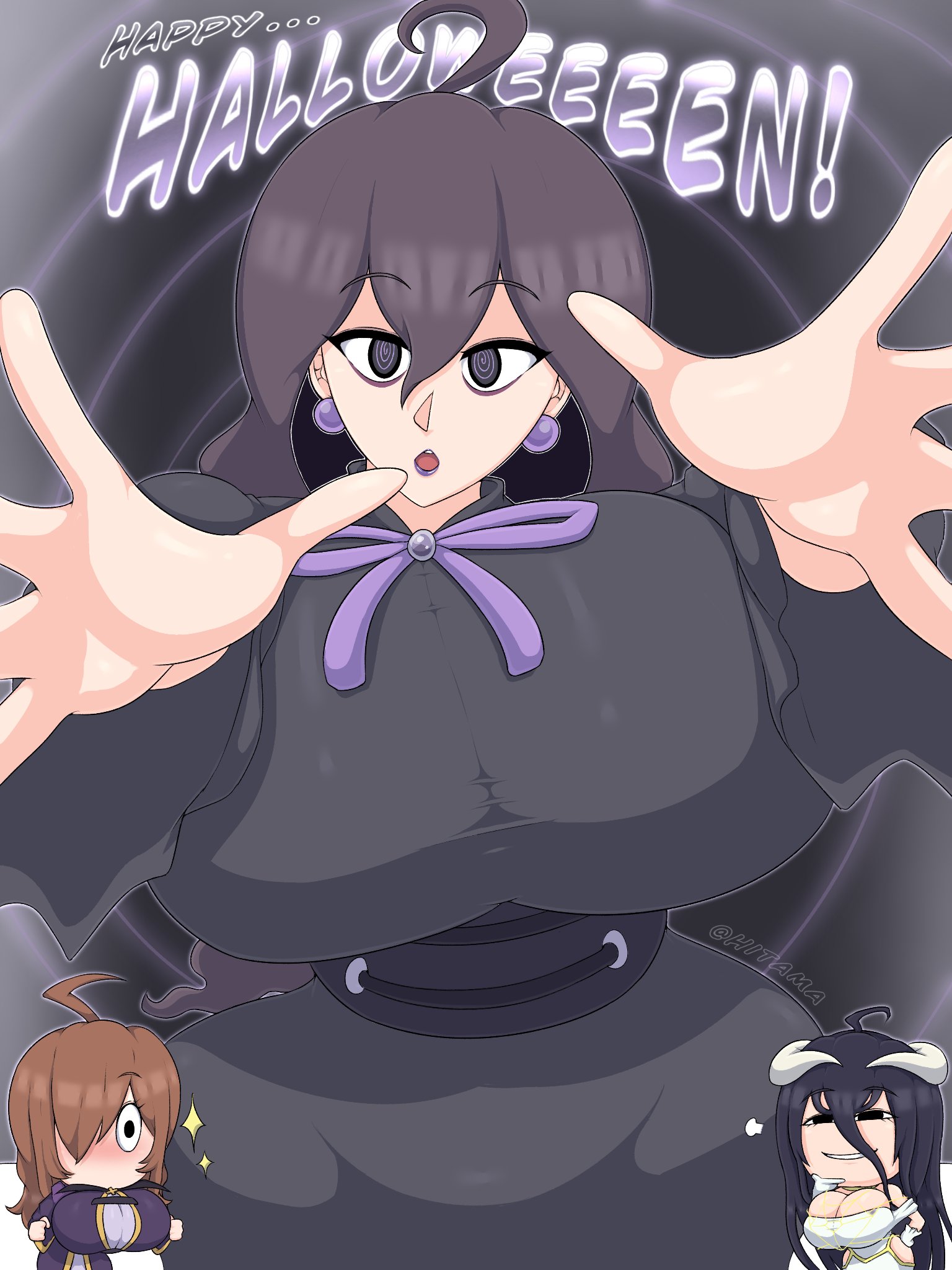 3girls, albedo (overlord), breasts, cosplay, female, gigantic breasts, halloween, halloween costume, hana azuna (hitama), hex maniac, hex maniac (pokemon legends: z-a), hitama, konosuba, kusumi kozayama (hitama), nia azuna (hitama), original, original character, overlord (maruyama), pelvic line, pokemon, pokemon legends: z-a, wiz (konosuba)