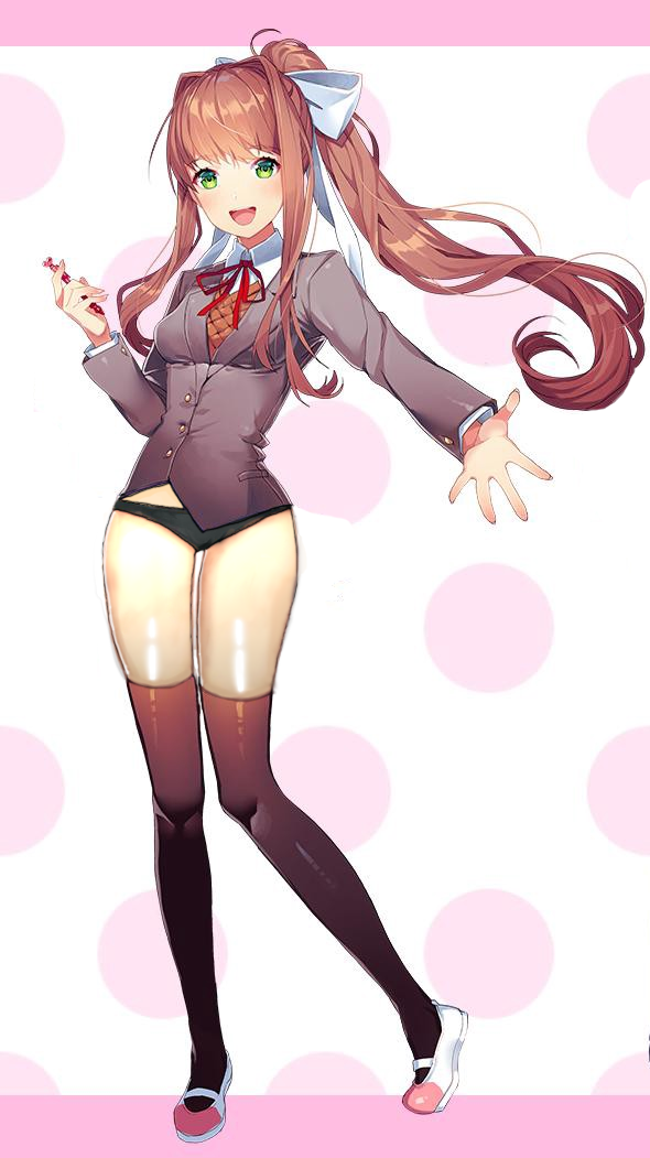 accurate art style, doki doki literature club, female, green eyes, long hair, monika (doki doki literature club), panties, skirt removed, sprite edit