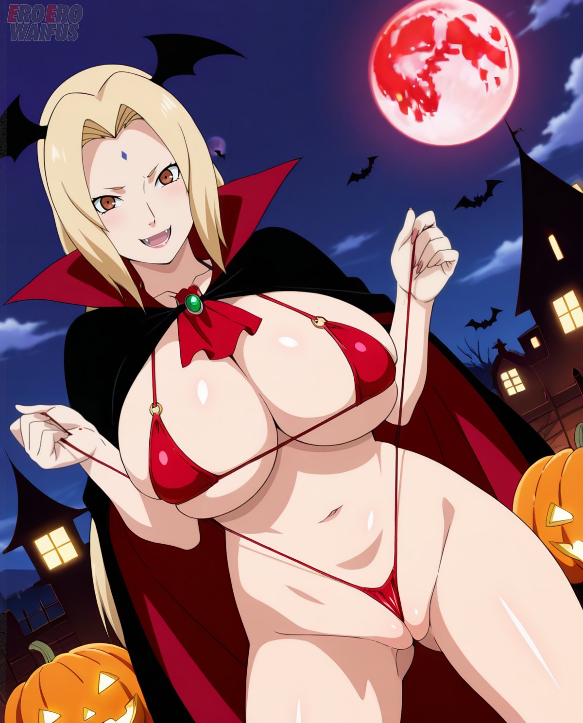 ai generated, bare thighs, bikini, blonde hair, breasts, brown eyes, eroero waifus, female, gigantic breasts, halloween, huge breasts, huge thighs, light skin, light-skinned female, long hair, looking at viewer, massive breasts, mature female, milf, naruto (series), naruto shippuden, shounen jump, smiling, solo female, squatting, sweat, sweatdrop, thick body, thick female, thick thighs, thighs, tsunade, vampire, vampire girl, voluptuous, voluptuous female