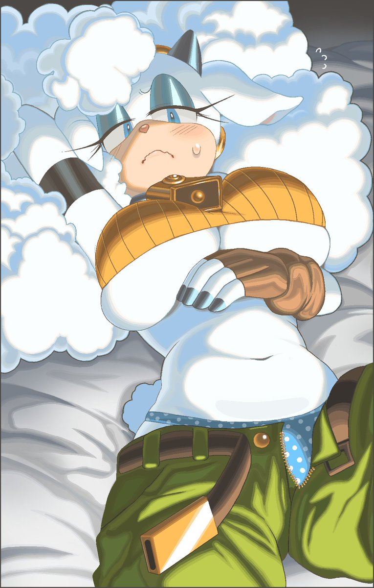 1girls, 2d, 2d (artwork), anthro, arm up, armband, belly, belly button, belt, belt buckle, blue eyes, blue panties, blush, blush lines, bottomwear, breasts, breasts bigger than head, chzzei, covered breasts, covered nipples, cowbell, cowbell collar, digital drawing (artwork), digital media (artwork), embarrassed, embarrassed expression, embarrassed female, eyelashes, eyeshadow, female, female only, fingerless gloves, fluffy, fluffy fur, fluffy hair, fluffy tail, flustered, frown, fur, furry, green pants, highres, hips, hooved fingers, horns, huge breasts, humanoid, hyperbithero (artist), lanolin the sheep, laying down, laying on back, laying on bed, light skin, light-skinned female, looking at viewer, navel, pale skin, pale-skinned female, pants, polka dot panties, removing clothing, removing pants, sheep, sheep ears, sheep girl, sheep horns, sheep humanoid, sheep tail, skindentation, solo, sonic (series), sonic the hedgehog (idw), stomach, sweatdrop, tight clothing, topwear, torso, tummy, unbuckled belt, underboob, underwear, white body, white fur