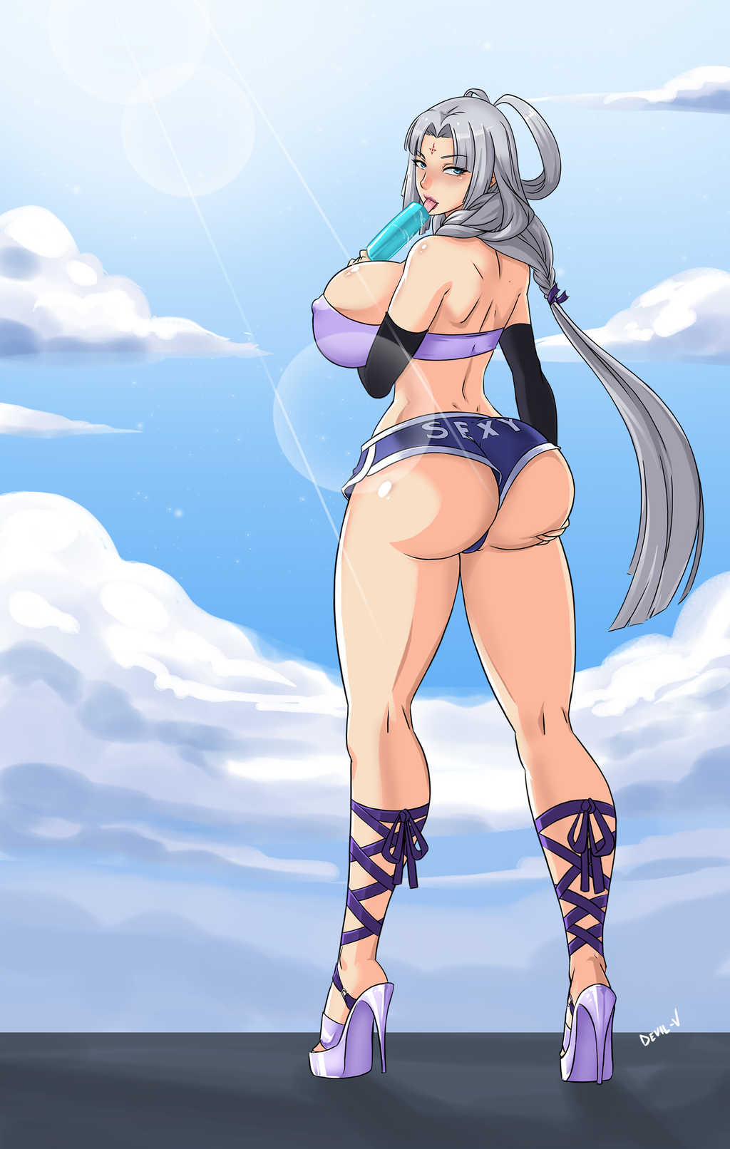 1girls arshtat_falenas ass back bimbo breasts bubble_ass busty clothing curvy devil-v female_only high_heels ice_cream large_ass large_breasts long_hair looking_back milf open_mouth open_toe_shoes pale-skinned_female pale_skin queen shorts showing_off sideboob silver_hair suikoden suikoden_v text voluptuous watermark white_hair