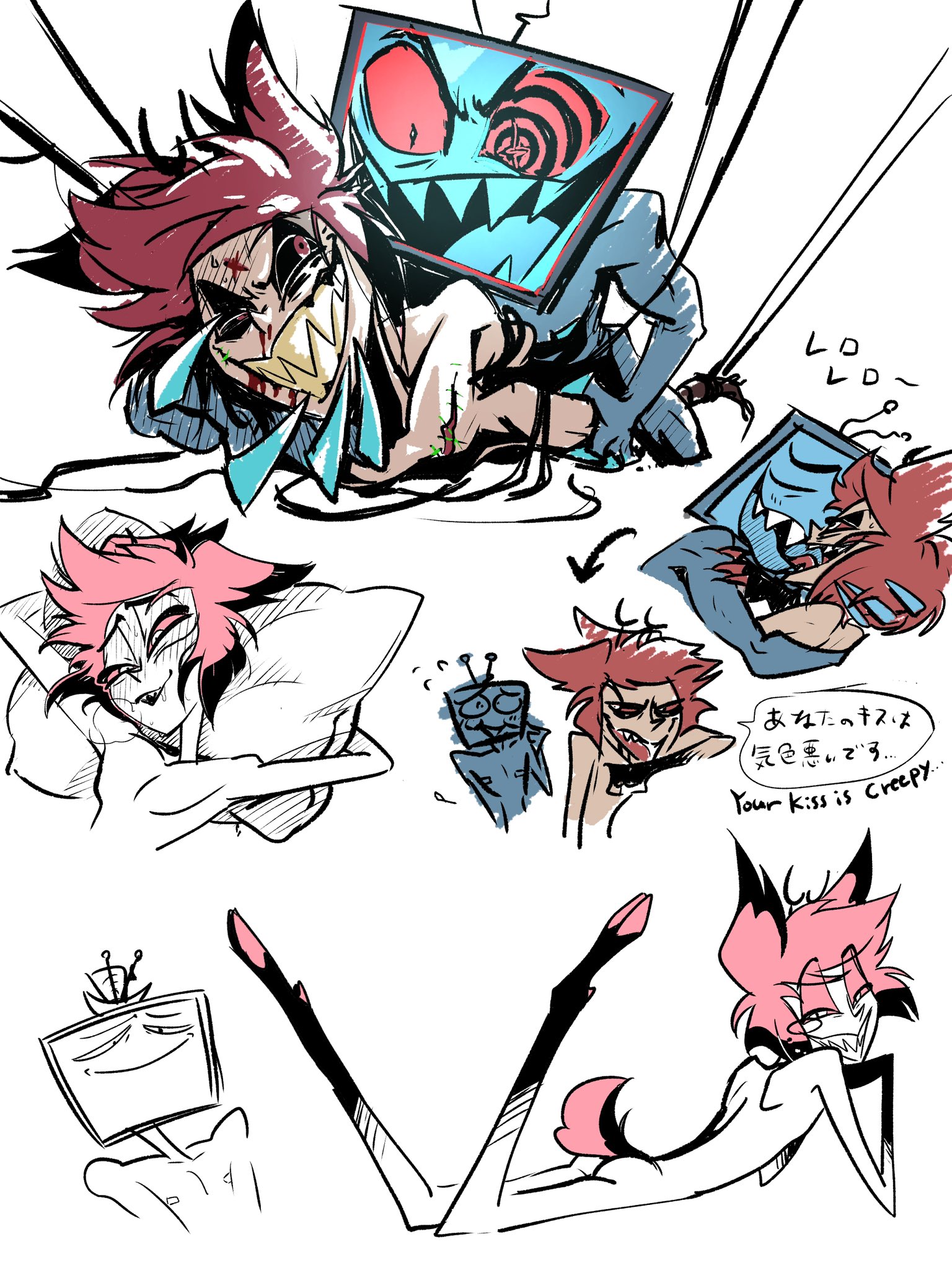 alastor (hazbin hotel), bondage, gay, hazbin hotel, pathetic male, vox (hazbin hotel), yaoi