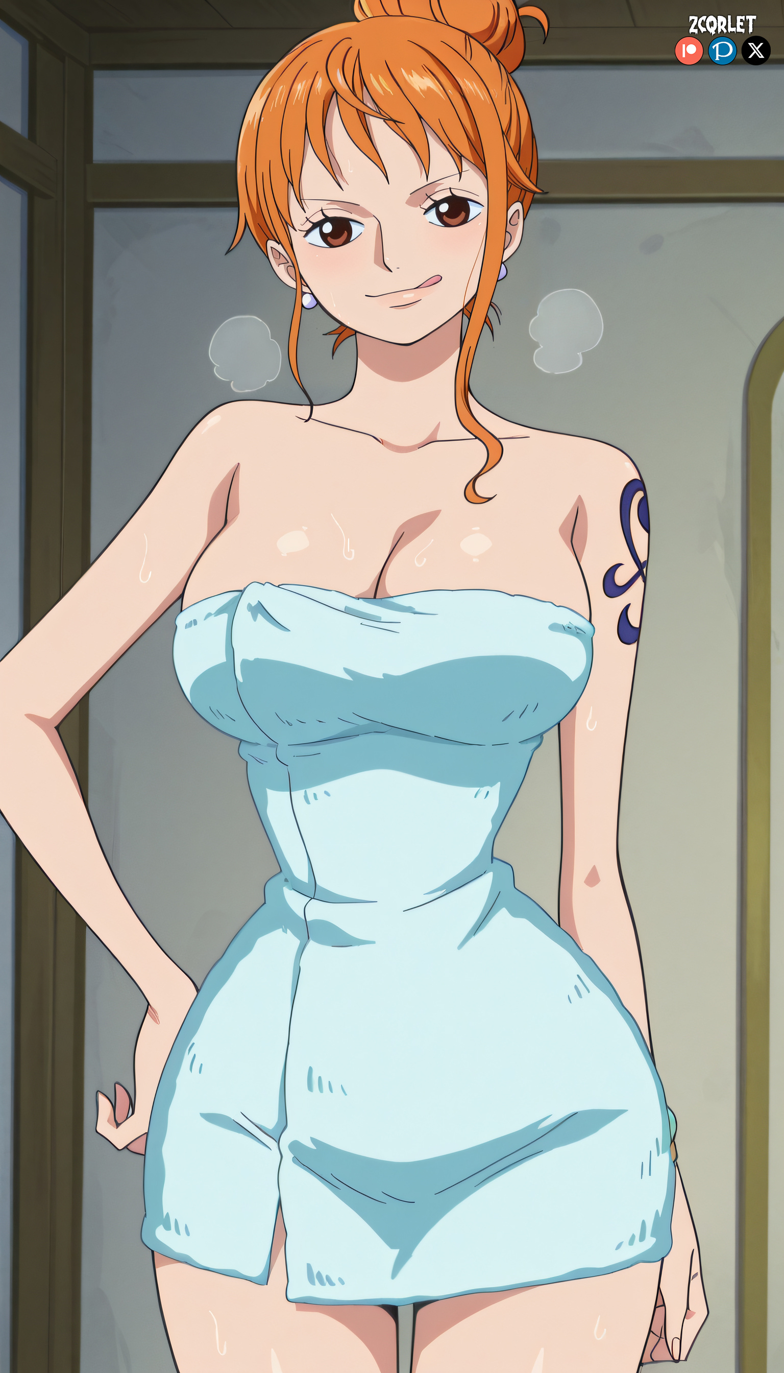 1girls, after shower, ai generated, arm tattoo, big breasts, blue tattoo, breasts, brown eyes, cleavage, earrings, female, female only, flirting, flirting with viewer, ginger, ginger hair, hair tied, hand on hip, hourglass figure, long hair, long legs, nami (one piece), one piece, orange hair, orange-haired female, slim waist, tattoo, tied hair, tongue, tongue out, towel, towel only, towel wrap, wet, wet body, zcqrlet