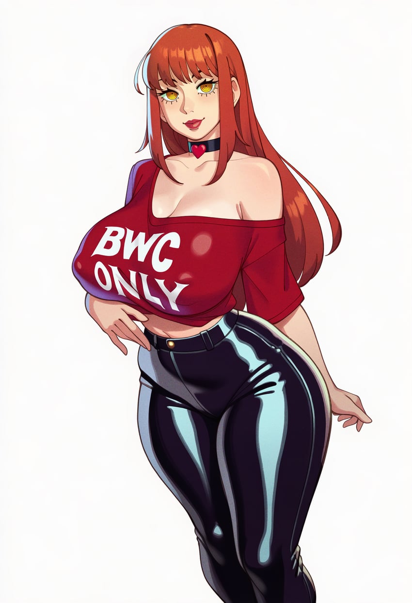 1girls, ai generated, asian female, bleached, blush, breasts, chainsaw man, choker, female, hello zepp, huge breasts, latex, long hair, looking at viewer, makima (chainsaw man), motosierra man, queen of hearts, red hair, solo, t-shirt, tagme, theme clothing, thick thighs, yellow eyes