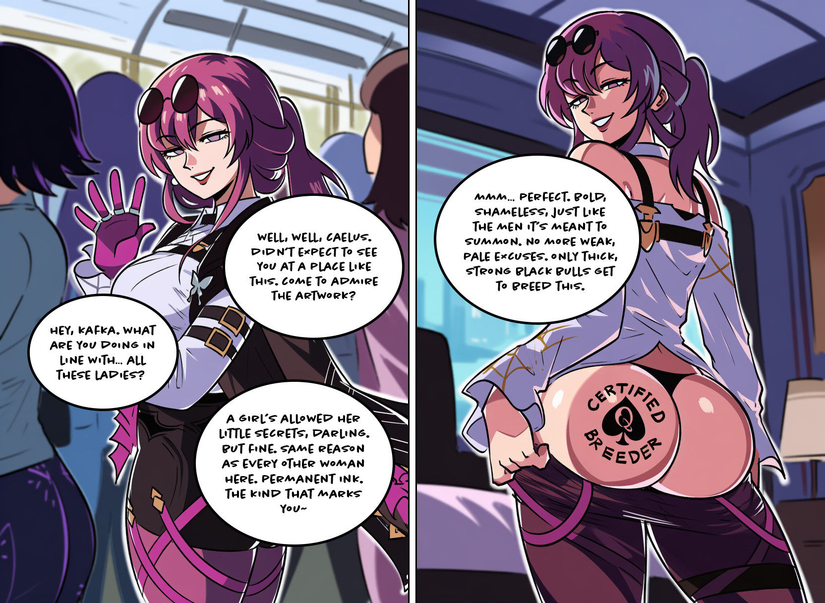 1girls, ai, ai art, ai generated, ass, ass tattoo, bedroom, big ass, bnwo, english text, female, honkai: star rail, huge ass, ikusoo, indoors, kafka (honkai: star rail), large ass, looking at viewer, looking back, pants, pants down, purple eyes, purple hair, qos, qos tattoo, queen of spades, raceplay, speech bubble, sunglasses, sunglasses on head, tattoo, tattoo on butt, text, text bubble, thong, tied hair, waving