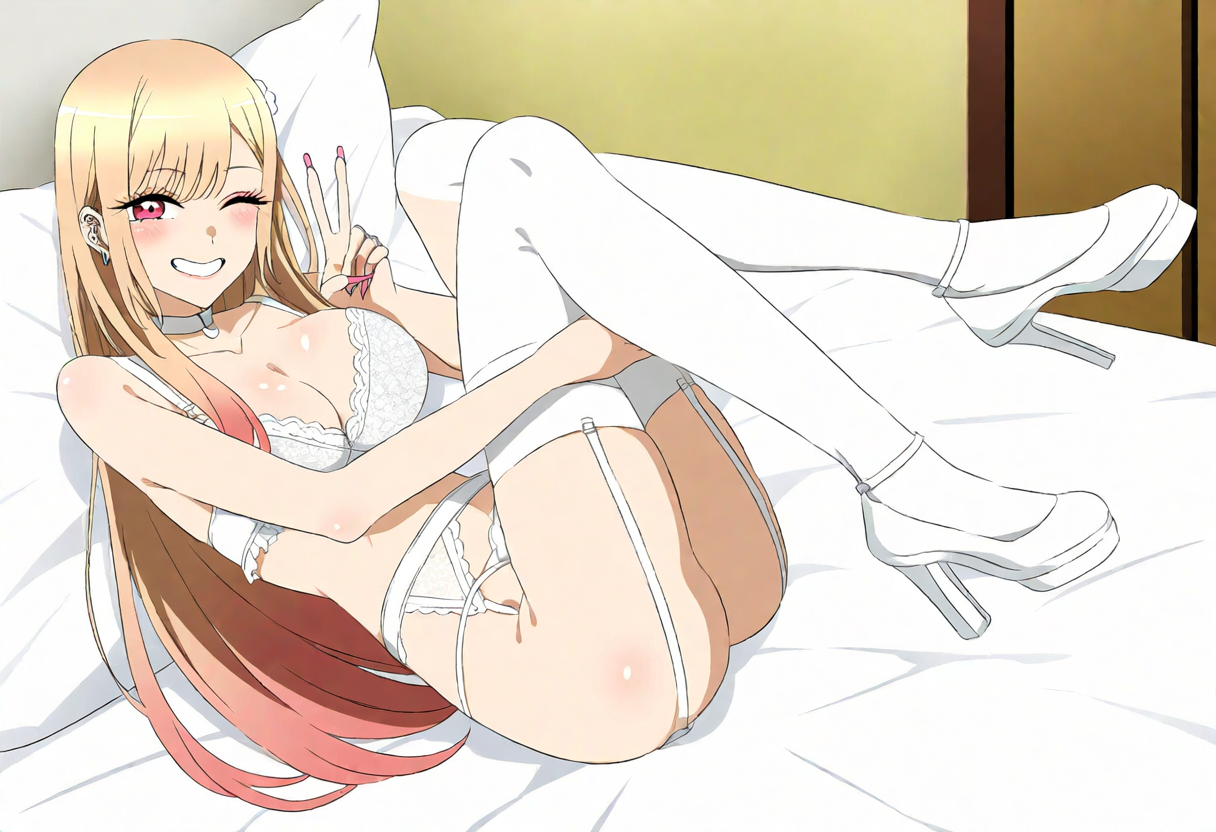 ai generated, bed, bedroom, big breasts, blonde hair, breasts, bridal lingerie, choker, cleavage, earrings, female, fit female, flirting with viewer, garter belt, garter straps, high heels, hourglass figure, kitagawa marin, lace-trimmed bra, laying on bed, lingerie, lingerie only, looking at viewer, my dress up darling, on bed, painted nails, panties, piercings, pillow, red eyes, slim waist, sono bisque doll wa koi wo suru, wedding lingerie, white high heels, white lingerie, winking at viewer