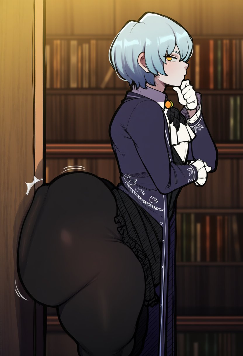 ai generated, angela (lobotomy corporation), ass, ass against wall, ass bigger than head, ass focus, big ass, bimbasileia, bubble butt, female, hand on chin, huge ass, leggings, library of ruina, lobotomy corporation, project moon, skirt lift, temptation, tight leggings, white hair, yellow eyes