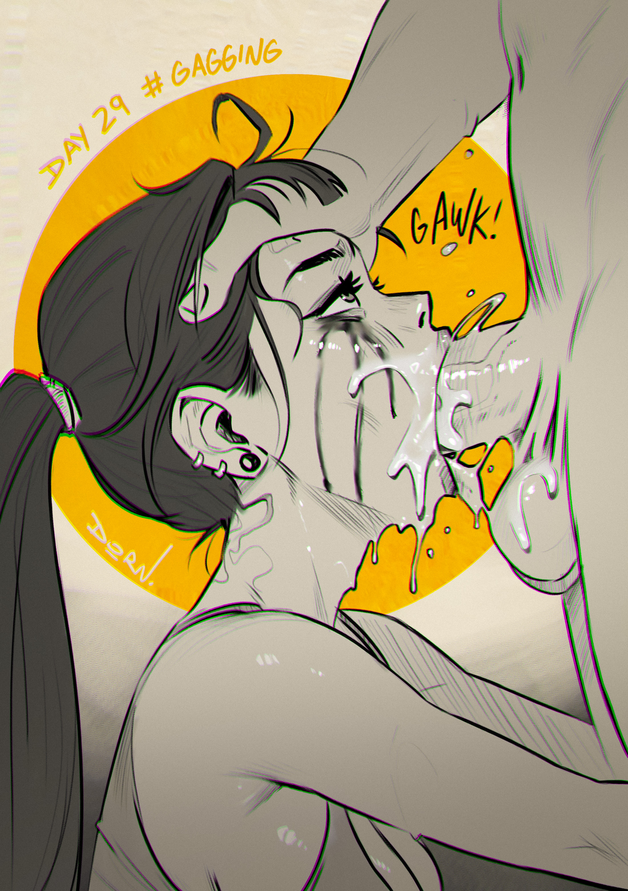 1boy, 1girls, clothed female nude male, cum, cum in mouth, cum inside, deepthroat, dorndraws, face fucking, fellatio, female, head grab, male, mascara, mascara tears, oral, ponytail, running mascara, runny makeup, text