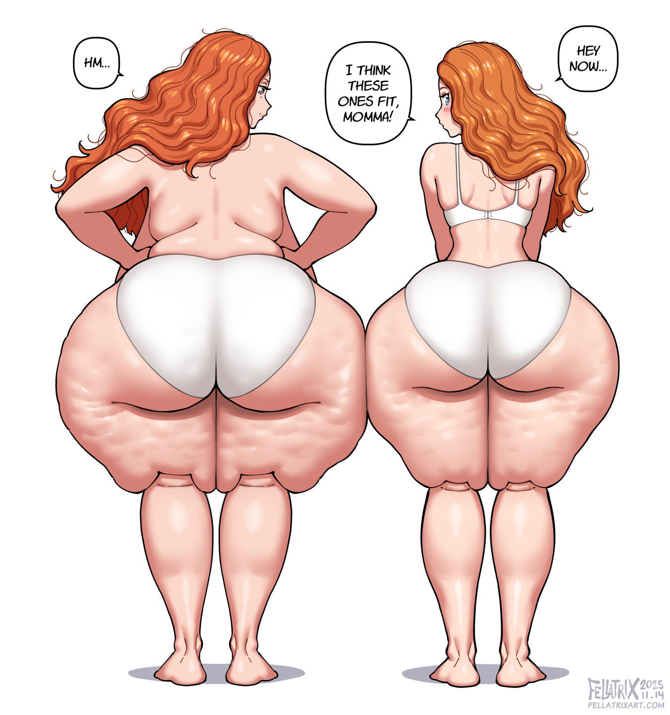 2girls, ass, ass focus, big ass, big breasts, breasts, bubble butt, cellulite, enormous ass, fat ass, fellatrix, female, gigantic ass, ginger female, ginger hair, huge ass, hyper, hyper ass, mary lou (fellatrix), mature, mature body, mature figure, mature woman, milf, mom and daughter, mommy, mother and child, mother and daughter, original, peggie sue (fellatrix), round ass, thick, thick ass, thick thighs, thighs, voluptuous, voluptuous female, wide hips