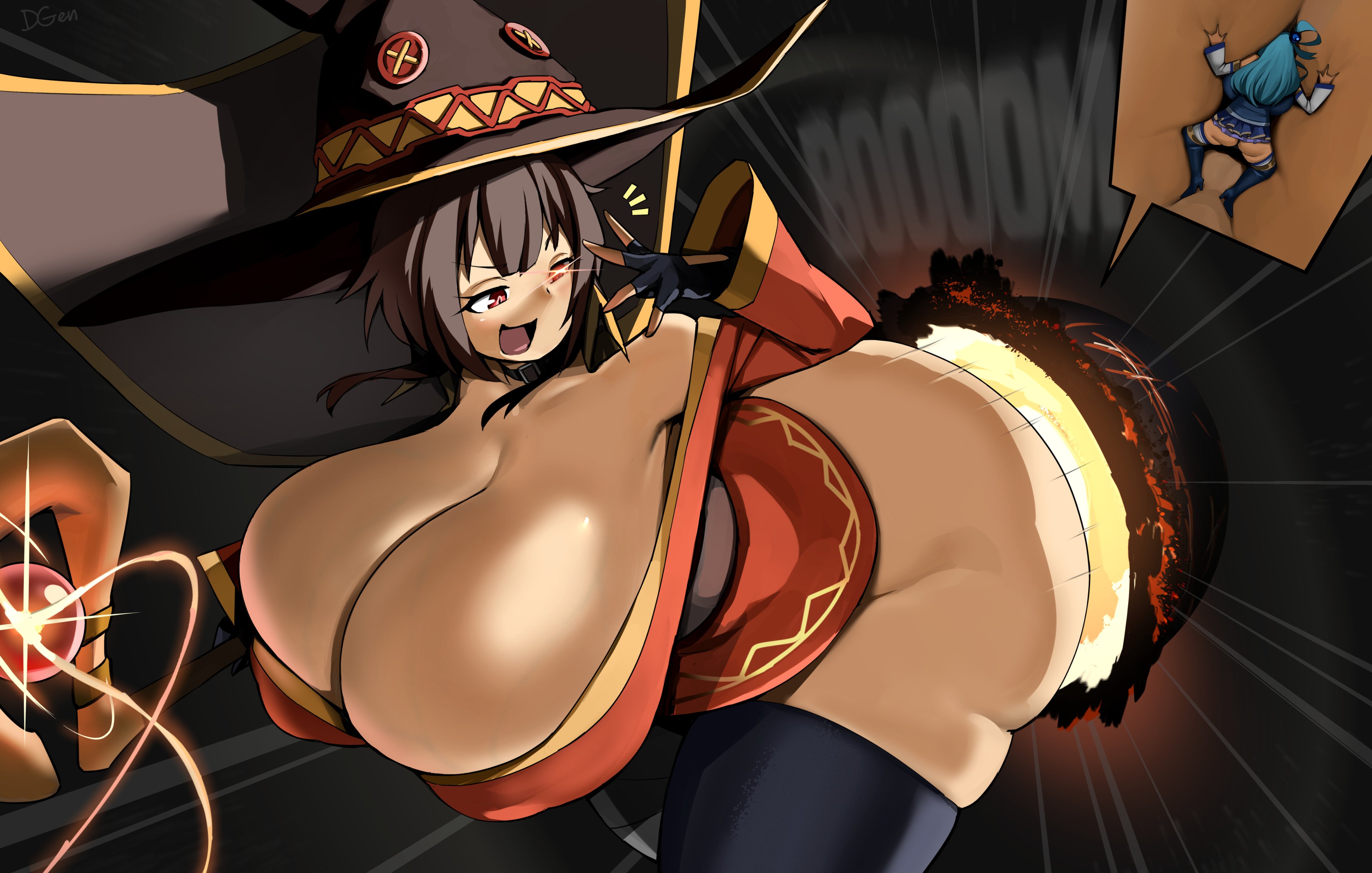 2girls, aqua (konosuba), ass, blue hair, body growth (enlargement), brown hair, bursting breasts, destruction, dgenerate9, explosion, giantess, giantess growth, gigantic breasts, hanging breasts, kono subarashii sekai ni shukufuku wo!, light skin, light-skinned female, megumin, short hair, short hair with long locks, thick thighs, thighhighs, witch hat