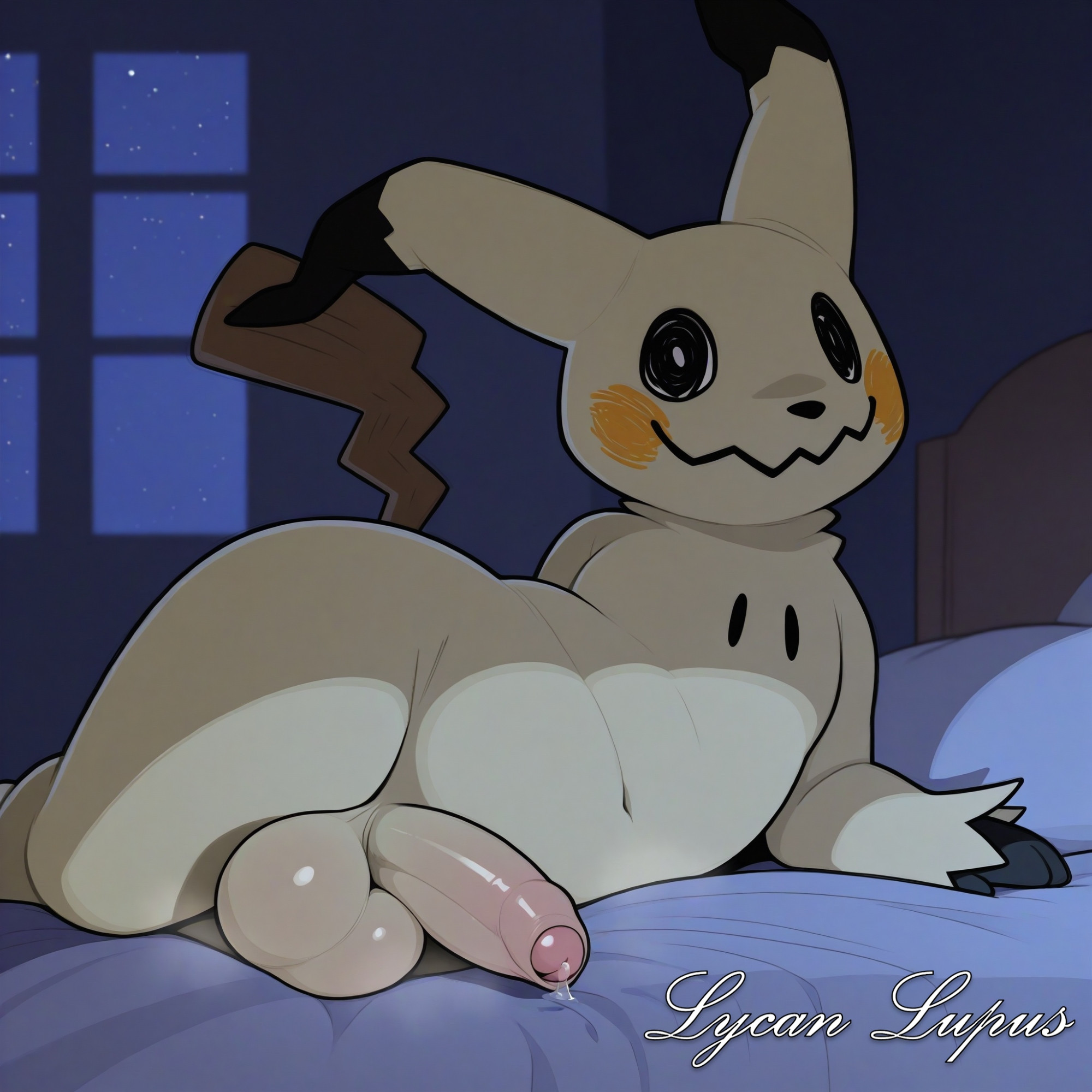 ai generated, anthro, balls, bed, bedroom, big balls, big penis, foreskin, fur, generation 7 pokemon, ghost, humanoid penis, looking at viewer, lycanlupus, lying on bed, lying on side, male, male only, mimikyu, naked, naked male, night, on bed, partially retracted foreskin, penis, pillow, pokemon, pokemon (species), precum, presenting, presenting penis, retracted foreskin, rodent, smiling, solo, solo male, spiral eyes, tail, uncircumcised, yellow body