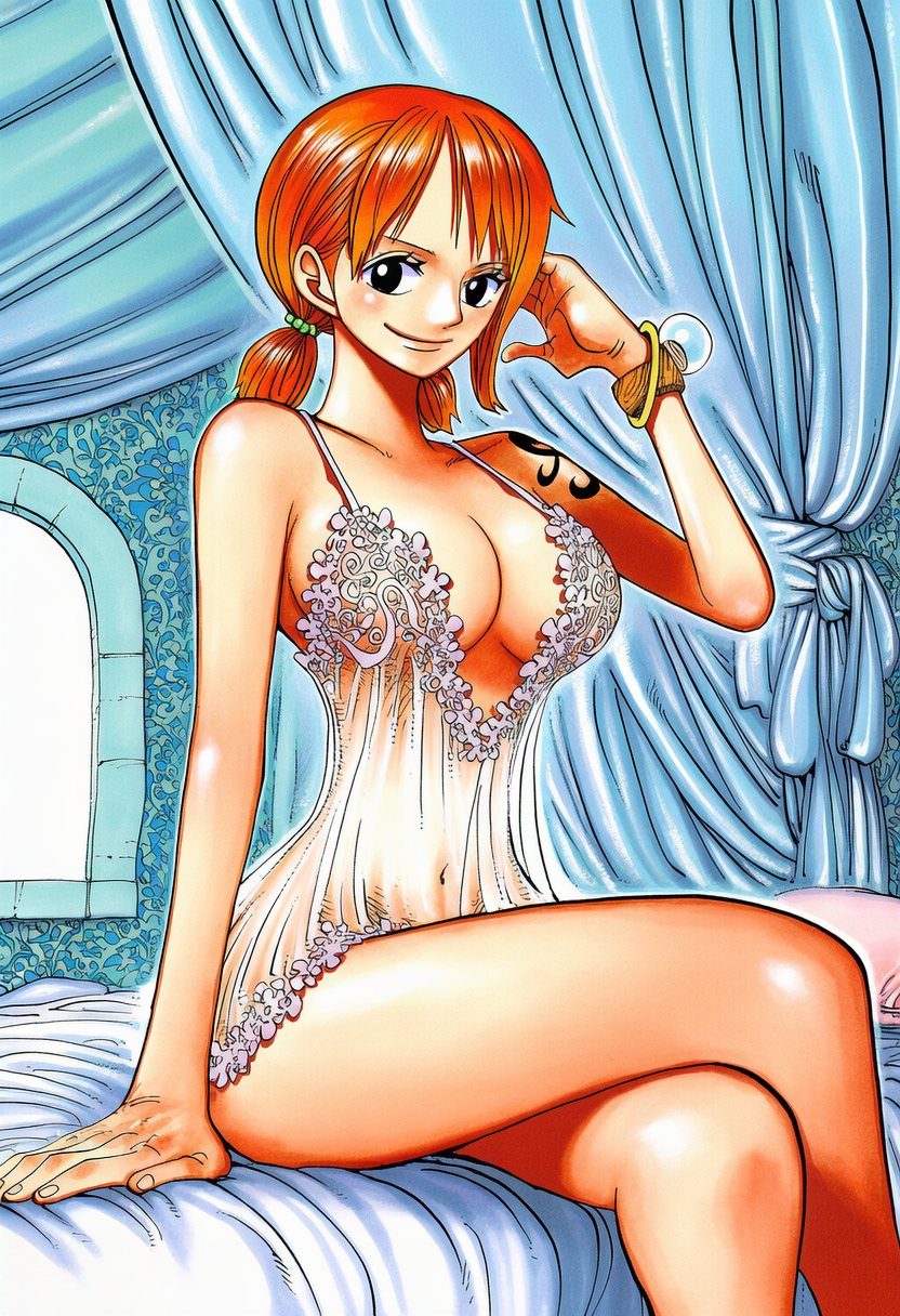 1girls, accurate art style, ai generated, arm tattoo, babydoll, bedroom, big breasts, black tattoo, bracelet, breasts, brown eyes, cleavage, crossed legs, curtains, female, female only, ginger, ginger hair, hourglass figure, lingerie, lingerie only, long hair, long legs, manga style, nami (one piece), one piece, orange hair, orange-haired female, see-through, see-through clothing, sitting on bed, slim waist, tattoo, twintails, window