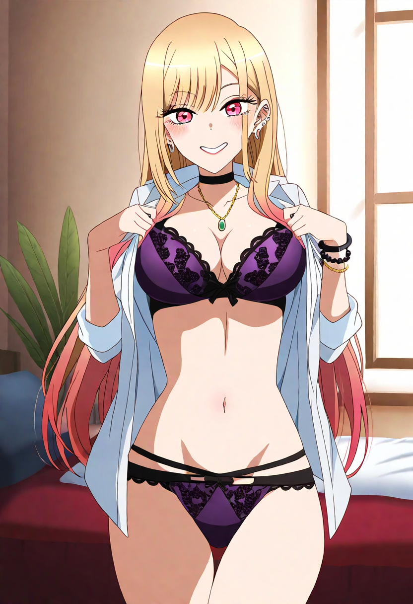 ai generated, bed, bedroom, big breasts, blonde hair, breasts, choker, cleavage, earrings, female, fit female, hourglass figure, kitagawa marin, lace trim, lace-trimmed bra, lace-trimmed panties, lingerie, lingerie only, looking at viewer, my dress up darling, necklace, piercings, purple lingerie, red eyes, slim waist, sono bisque doll wa koi wo suru, takenaka ai, taking clothes off, undressing, window