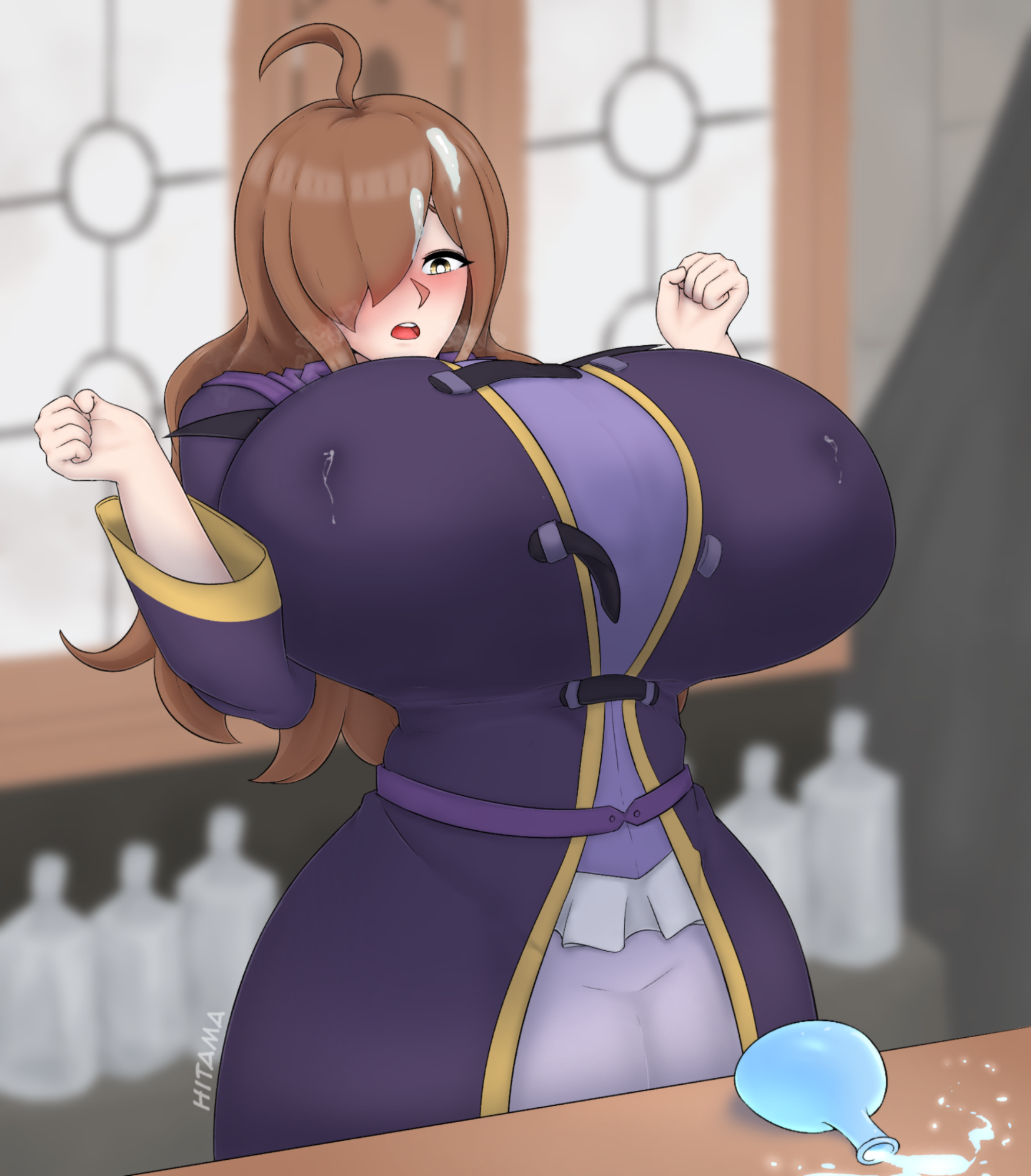 1girls, breast expansion, breasts, comic, female, gigantic breasts, hitama, konosuba, lactating, lactation, milk, textless, wiz (konosuba)