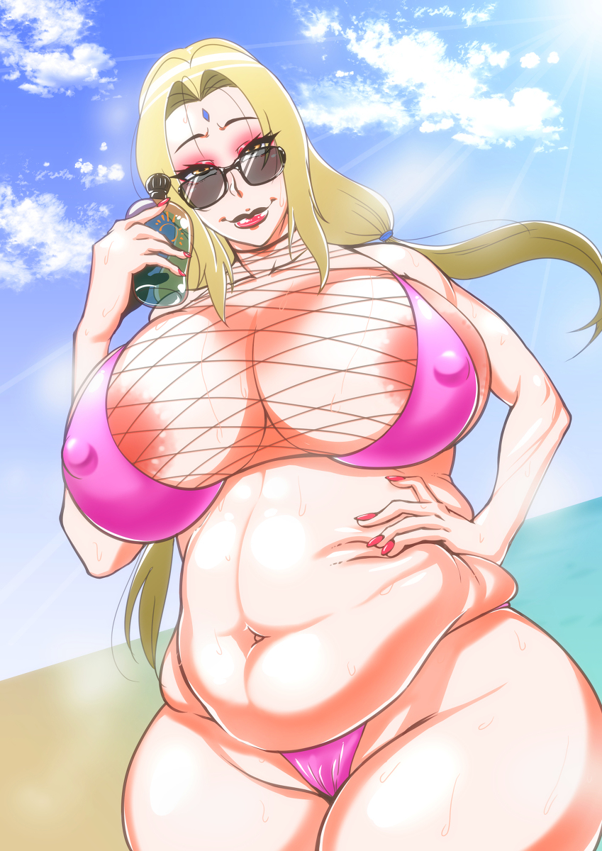 1girls, alternate version available, areola slip, bare shoulders, beach, big breasts, bikini, bikini bottom, bikini top, bimbo, blonde hair, breasts, brown eyes, busty, chubby, cleavage, curvy, detailed background, erect nipple, erect nipples, eyelashes, eyeshadow, fat, female, female only, forehead jewel, front view, g-string, glasses, hand on hip, hands on hip, hands on hips, holding object, human, lipstick, long hair, looking at viewer, makeup, mature, midriff, nail polish, naruto, naruto (series), nipple bulge, nipples, outdoors, outside, pose, posing, pregnant, red lipstick, sand, skimpy, solo, standing, sunglasses, sweat, swimsuit, text, thong, tsunade, voluptuous, water, wide hips, yellow hair, zxcv