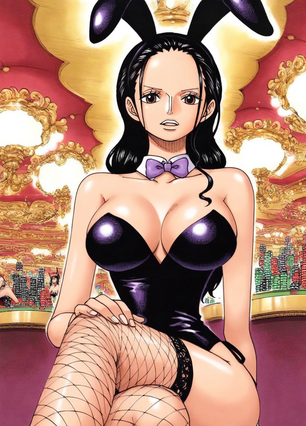 1girls, accurate art style, ai generated, big breasts, black hair, black-haired female, breasts, brown eyes, bunny ears, bunnysuit, busty, busty female, casino, cleavage, crossed legs, dark hair, fake animal ears, female, female only, fishnet stockings, fishnets, hand on leg, highres, hourglass figure, latex, latex clothing, long hair, looking at viewer, manga style, nico robin, one piece, ribbon choker, slim waist, stockings