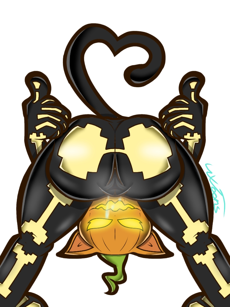 artist signature, back view, cat girl, cat tail, epic games, female, fortnite, fortnitemares, halloween, head between legs, leaking pussy, looking at viewer, presenting hindquarters, pumpkin, pumpkin girl, pumpkin head, pussy, self upload, showing ass, skeleton costume, spice (fortnite), spread legs, thumbs up, wabbix toons