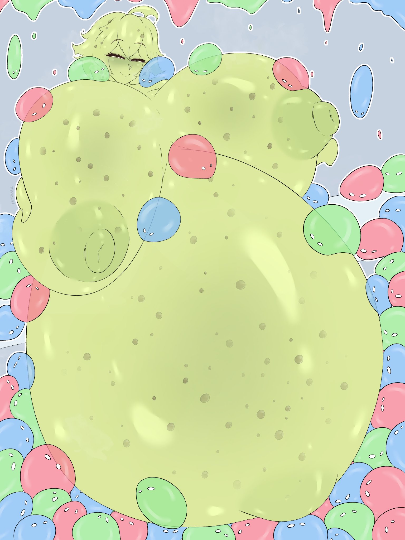 1girls, belly expansion, breast expansion, breasts, comic, enormous belly, enormous breasts, expansion, female, hitama, hyper, hyper belly, hyper breasts, inflation, original, original character, slime, slime girl, slime inflation, trypophobia