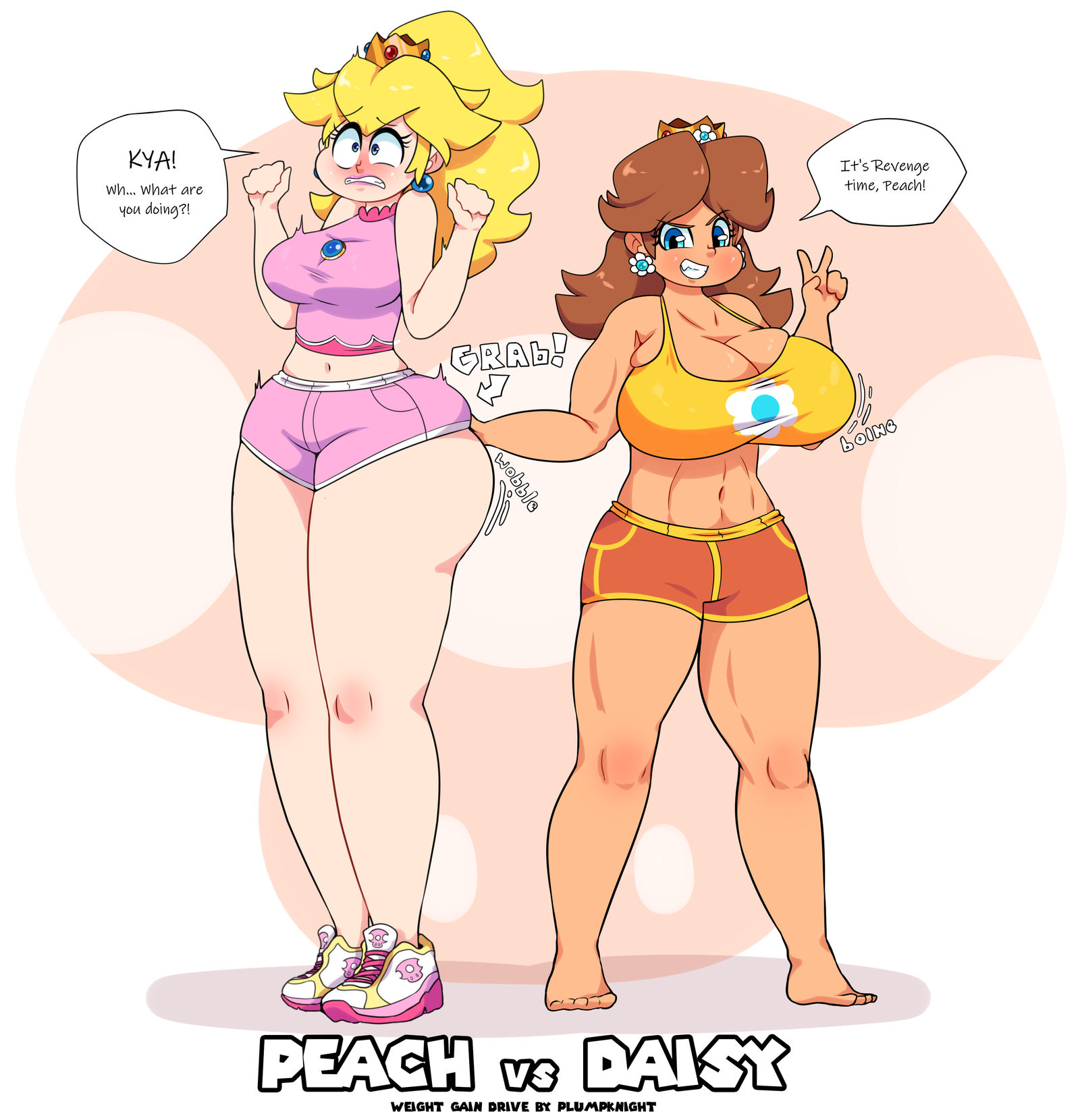 2girls, big ass, big breasts, blonde hair, blue eyes, breasts, brown hair, comic, fat ass, female, grabbing ass, height difference, huge breasts, long hair, mario (series), multiple females, multiple girls, muscular, muscular female, plumpknight, princess daisy, princess peach, short hair, shorts, super mario bros., tan skin, tomboy
