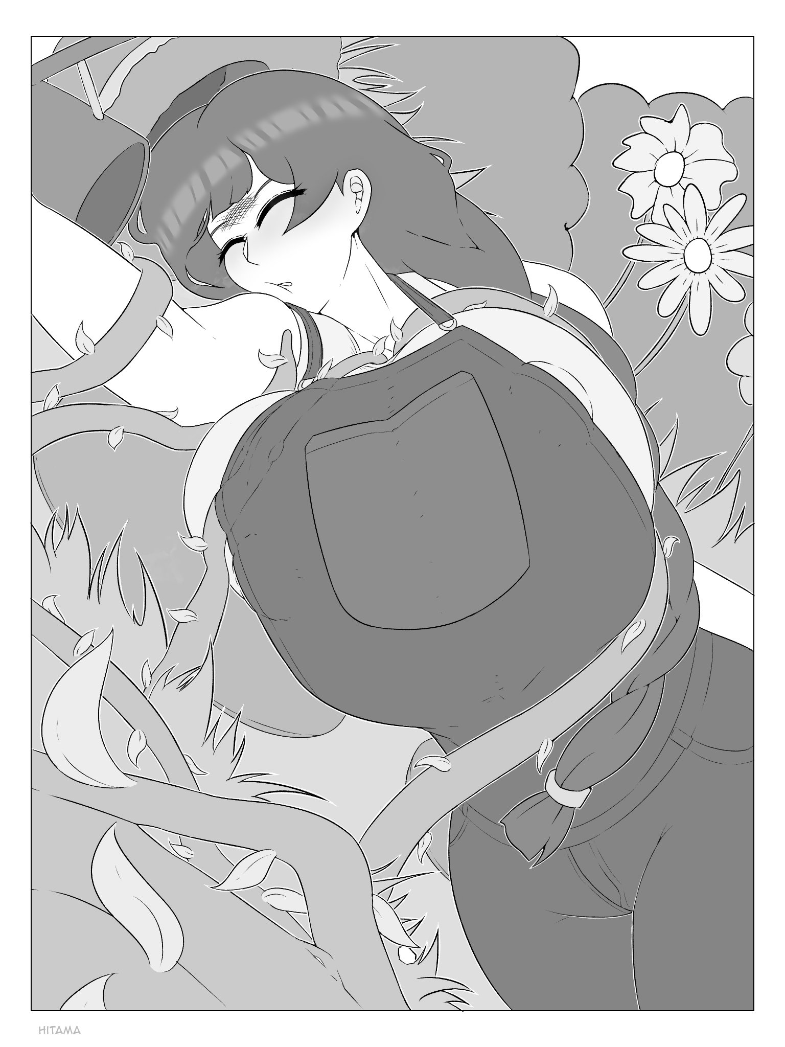 1girls, breast expansion, breasts, comic, farmgirl, female, hitama, huge breasts, molestation, nipple bulge, nipple slip, nipples, original, original character, plant, sleeping, somnophilia, tentacle, textless, vines