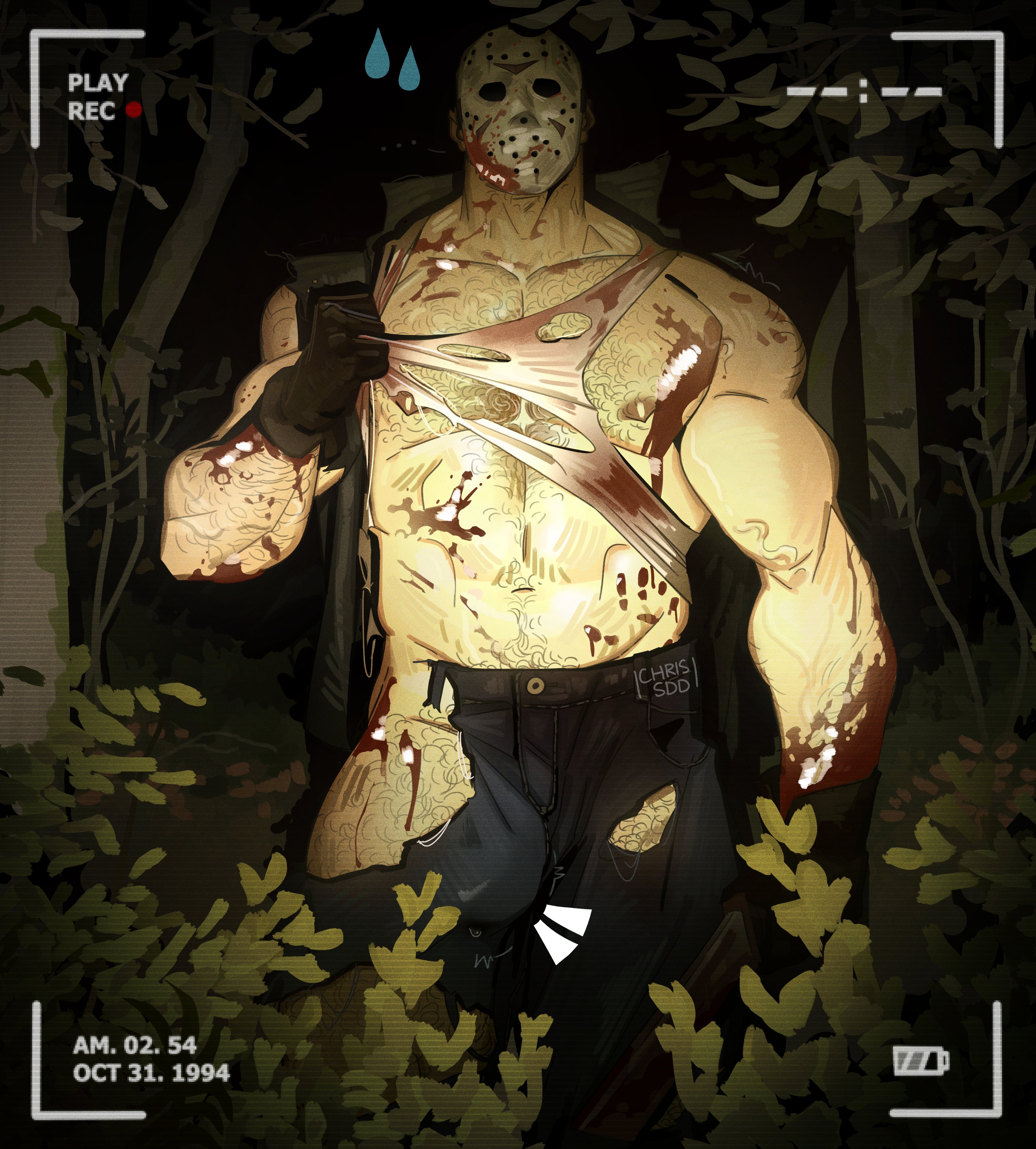 1boy, abs, bara, biceps, big bulge, bulge, chris sdd, clothing, erection under clothes, friday the 13th, halloween, hockey mask, holidays, jason voorhees, male, male nipples, male only, mask, masked, masked male, muscular, muscular male, nipples, pecs, penis, penis outline, precum, precum drip, solo