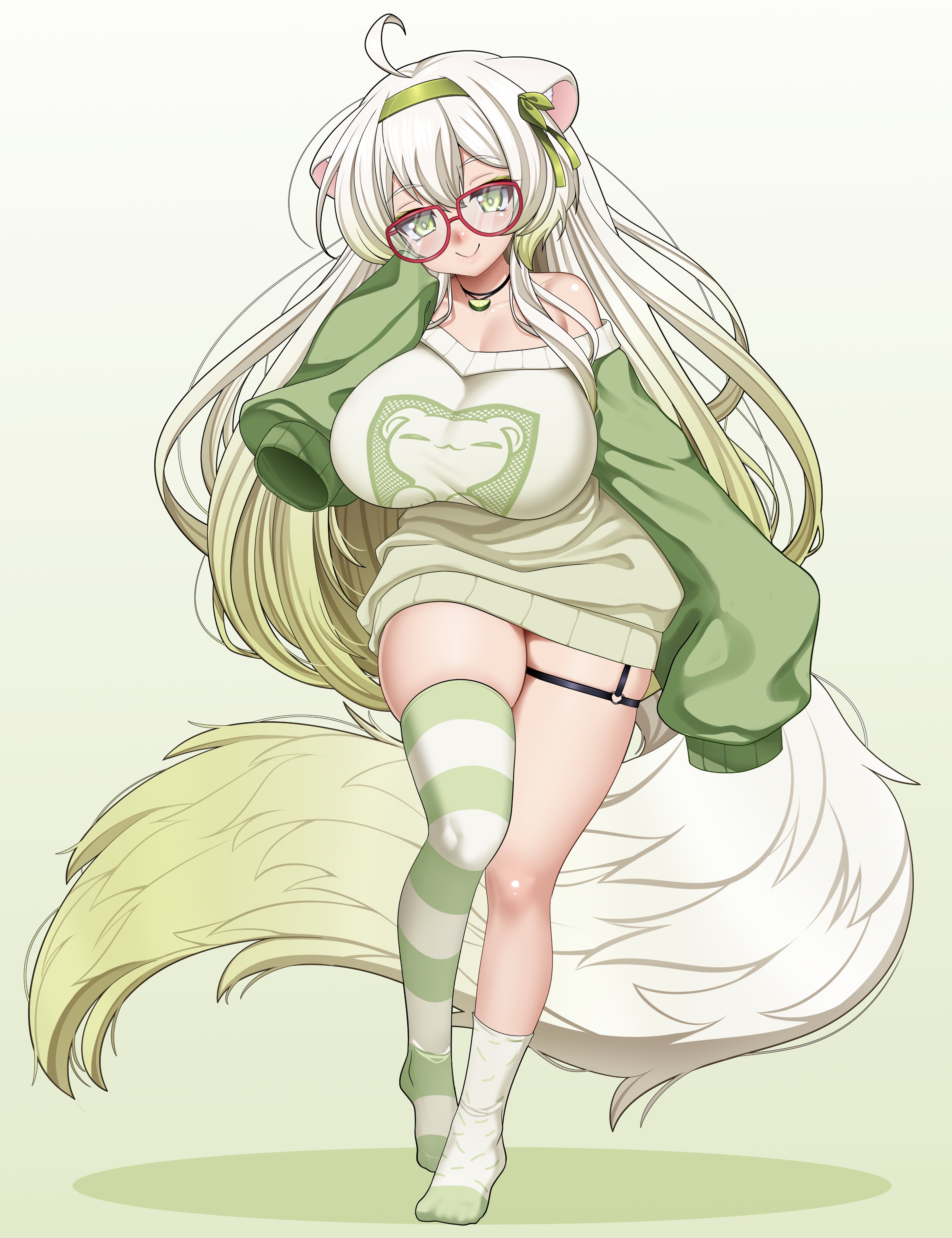 1girls, ahoge, animal ears, asymmetrical legwear, bare shoulders, big breasts, big naturals, boobs, breasts, busty, curvy, female, female only, ferret ears, ferret girl, ferret tail, food, fruit, full body, glasses, gradient hair, green eyes, green hair, green hairband, green sweater, green tail, green thighhighs, hairband, hoosu, huge breasts, indie virtual youtuber, iocus-art, jewelry, laimu, laimu (2nd costume), laimu (comfy sweater), large breasts, lime (fruit), lime slice, long hair, long sleeves, looking at viewer, massive breasts, mismatched legwear, multicolored hair, necklace, single thighhigh, sleeves past fingers, sleeves past wrists, smile, solo, standing, striped clothes, striped thighhighs, sweater, thick, thick thighs, thigh strap, thighhighs, thighs, tits, two-tone hair, virtual youtuber, vtuber, white hair