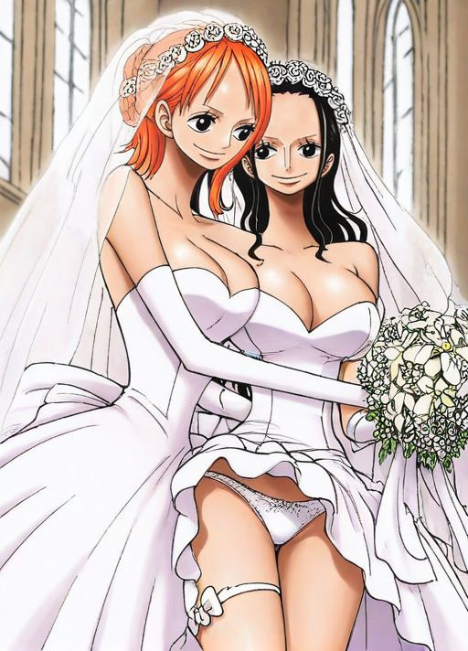 2girls, accurate art style, ai generated, big breasts, black hair, black-haired female, breasts, bridal gauntlets, bridal veil, brown eyes, busty, busty female, cleavage, dark hair, elbow gloves, female, female only, ginger, highres, hourglass figure, lesbian wedding, lifted skirt, long hair, manga style, nami (one piece), nico robin, one piece, orange hair, orange-haired female, short hair, slim waist, thigh strap, upskirt, wedding, wedding dress, wedding gloves, white panties, yuri