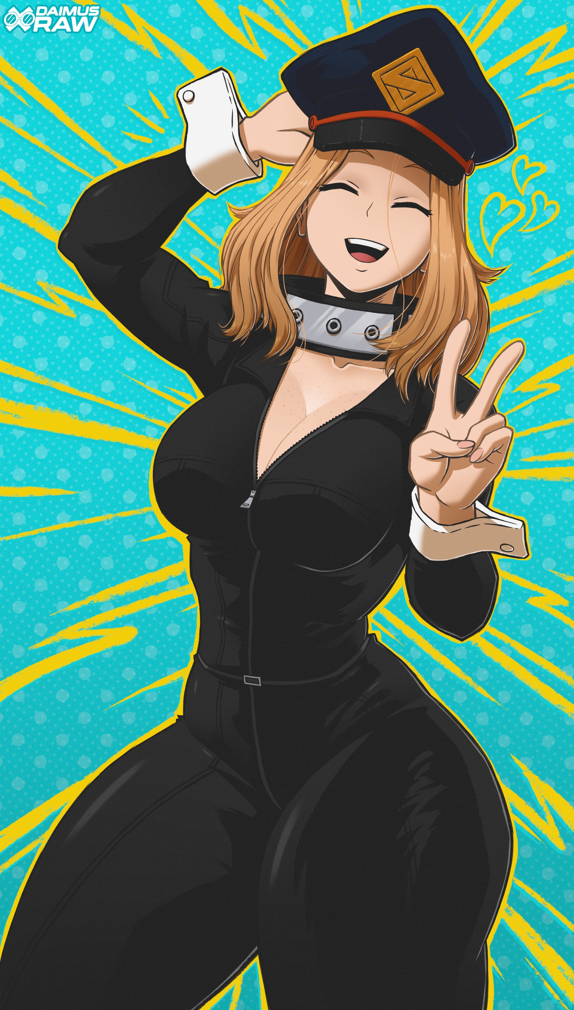 1girls, big ass, big breasts, big thighs, blonde hair, blonde-haired female, bodysuit, boku no hero academia, camie utsushimi, daimusraw, light skin, my hero academia, no nudity, peace sign, posing for the viewer, smile, utsushimi camie, vibrant background, watermark, zipper, zipper down