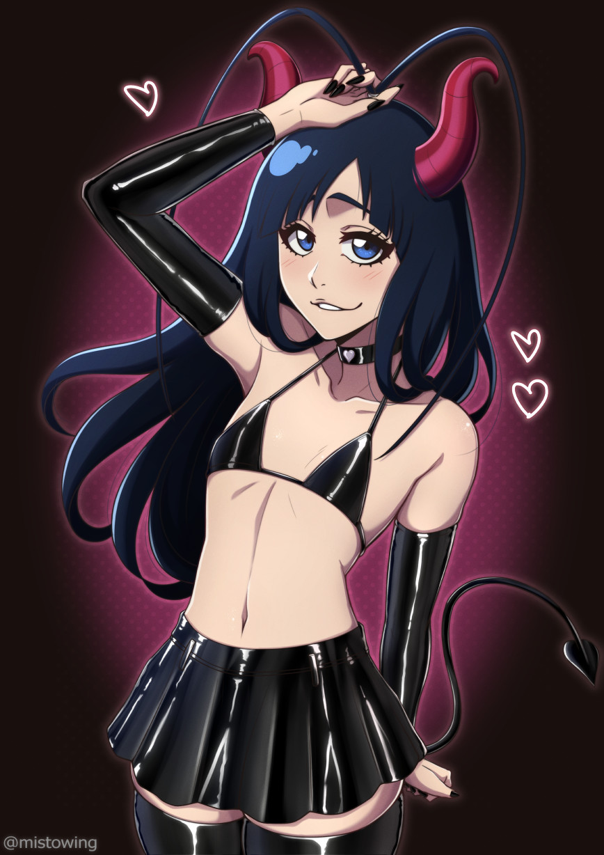 1boy, 1boys, antenna hair, black skirt, black stockings, bleach, blue eyes, femboy, gay, giselle gewelle, horns, light-skinned male, male, male focus, male only, mistowing, painted nails, solo, trans woman, transfem, trap, yaoi