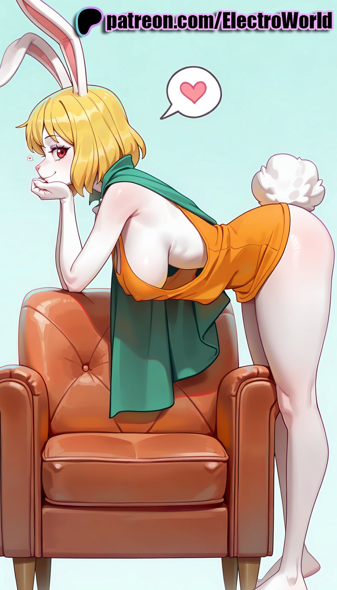 1girls, 2025, ai generated, animal ears, artist name, blonde hair, breasts, bust, carrot (one piece), chair, chest, dress, electroworld, female, female only, furry, furry female, heart, hi res, high quality, high resolution, highres, one piece, orange shirt, patreon, patreon username, playboy bunny, rabbit ears, rabbit girl, rabbit tail, shiny hair, short hair, sideboob, sitting, solo, spoken heart, stable diffusion, tail, watermark