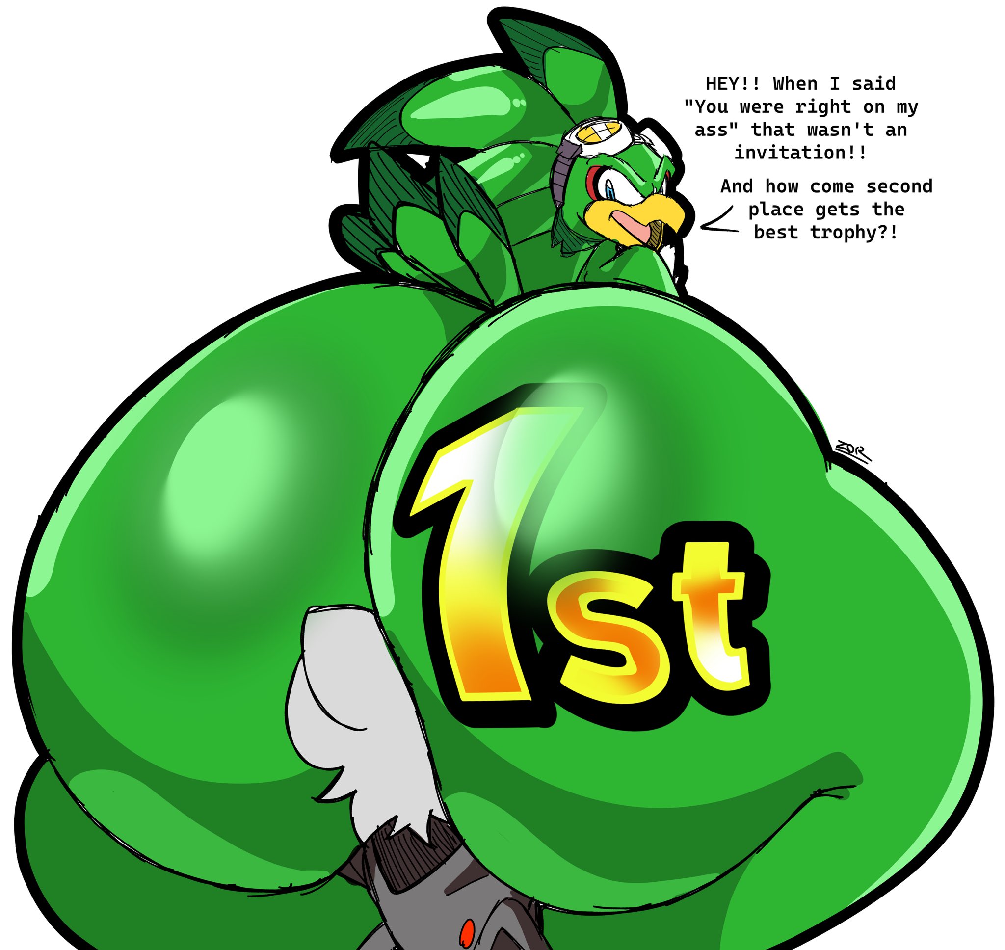 2boys, 2d, anthro, ass, ass bigger than head, ass focus, ass tattoo, avian, big ass, big butt, buried in ass, english text, face in ass, fat ass, fat butt, fat thighs, feathers, femboy, furry, furry male, goggles on head, green body, hawk, huge ass, huge butt, hyper ass, hyper butt, jet the hawk, large ass, looking back, male, male/male, naked, no genitals, no sex, nude, size difference, sonic (series), sonic riders, sonic the hedgehog (series), standing, tail, tattoo on butt, thick thighs, wide hips, zor (zoruadrawsstuff), zoruadrawsstuff