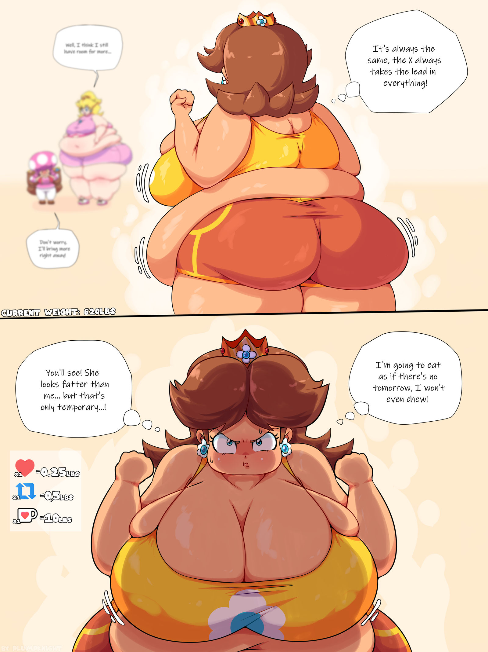 3girls, angry, bbw, big breasts, breasts, breasts bigger than head, brown hair, competition, envy, fat, fat ass, fat female, female, female focus, female only, flabby belly, huge breasts, jealous, jealous female, mario (series), obese, obese female, overweight, overweight female, plumpknight, princess daisy, princess peach, sequence, shorts, super mario bros., toadette, weight gain
