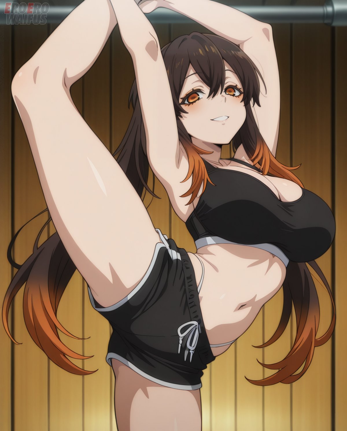 ai generated, amo empool, athletic female, bare thighs, big breasts, blush, breasts, brown hair, eroero waifus, female, gachiakuta, gym clothes, gym shorts, huge breasts, huge thighs, light skin, light-skinned female, long hair, looking at viewer, massive breasts, multicolored hair, orange eyes, smiling, solo female, squatting, stretching, sweat, sweatdrop, tank top, thick body, thick female, thick thighs, thighhighs, thighs, voluptuous, voluptuous female