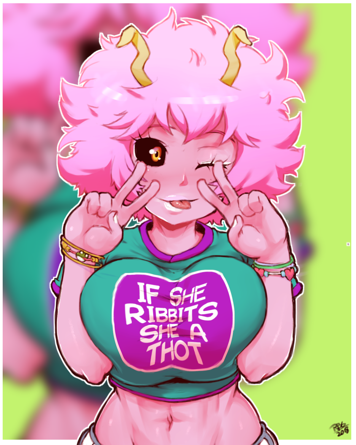 1girls, 2018, abs, belly, big breasts, black sclera, bracelet, breasts, double peace sign, double v, eyelashes, female, female only, fully clothed, green background, horns, huge breasts, humanoid, looking at viewer, midriff, mina ashido, my hero academia, navel, pink hair, pink skin, randomboobguy, shirt, short pink hair, solo, text, tongue, tongue out, v, watermark, white border, wink, yellow eyes