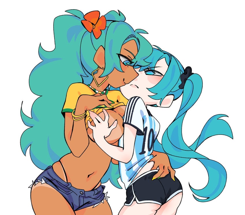 2girls, aqua eyes, aqua hair, argentina, argentinian miku, ass, blue eyes, boob grab, bracelet, brazilian, brazilian female, brazilian miku, breast grab, breasts, clothes lift, cowboy shot, dark skin, dark-skinned female, denim, denim shorts, earrings, female, female focus, female only, female/female, flower, flower in hair, grabbing, hair flower, hair ornament, hatsune miku, hoop earrings, jewelry, large breasts, latina, light skin, light-skinned female, long hair, looking at another, multiple girls, nail polish, navel, necklace, panties, panty straps, pinkhiwi, shirt, shirt lift, short shorts, shorts, simple background, smile, source request, squished breasts, tan, thong, twintails, underwear, very long hair, vocaloid, white background, yuri