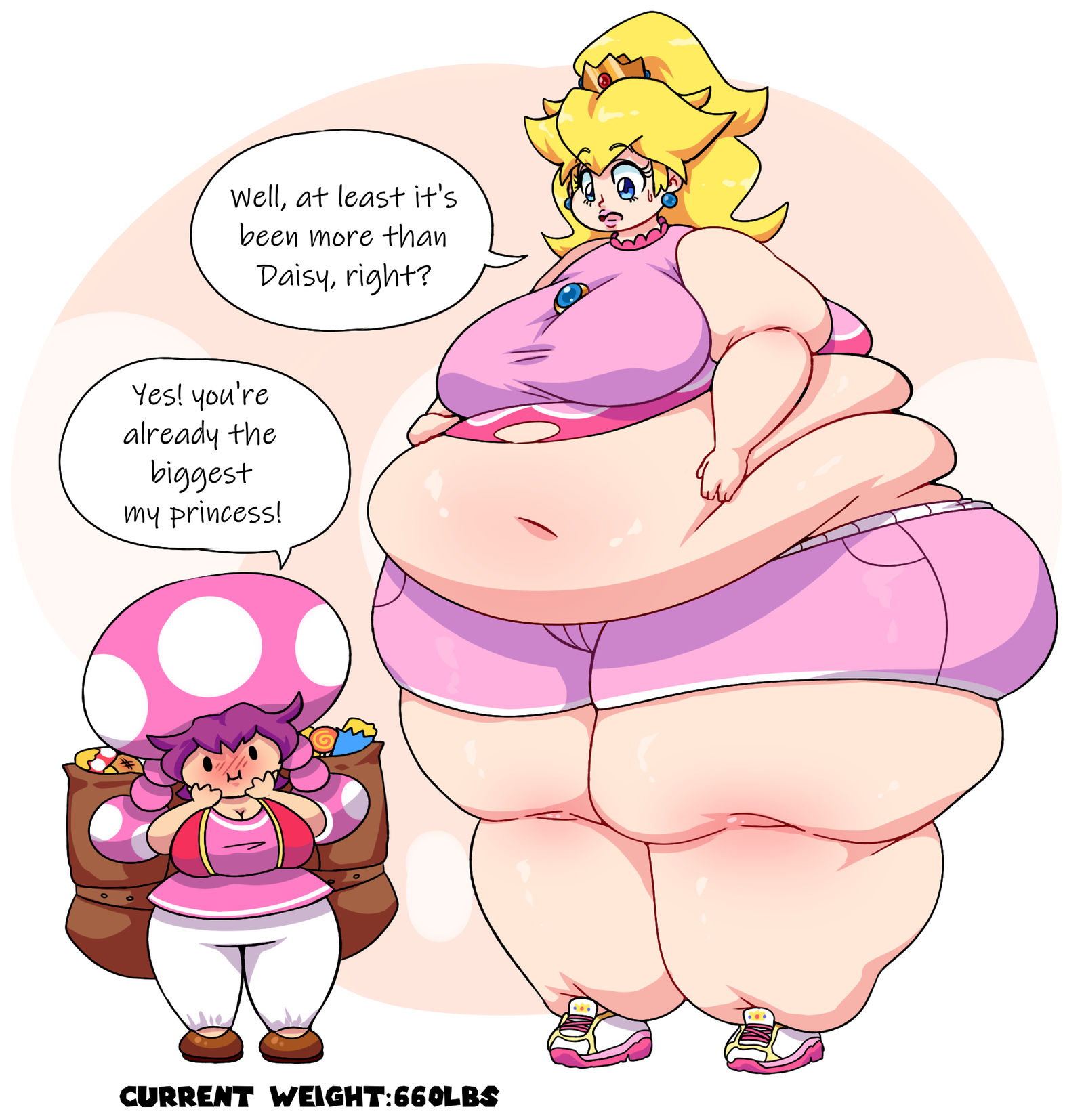 2girls, bbw, blonde hair, blue eyes, bottom heavy, fat, fat ass, fat butt, fat female, fat fetish, fat legs, fat rolls, fat thighs, female, female focus, female only, flabby belly, height difference, huge ass, huge butt, huge thighs, human, human female, humanoid, humanoid female, larger female, light skin, light-skinned female, looking at another, looking down, looking down at another, mammal, mario (series), mature, mature female, morbidly obese, morbidly obese female, mushroom humanoid, nintendo, obese, obese female, overweight, overweight female, plumpknight, princess, princess peach, royalty, shirt, shorter female, shorts, size difference, smaller female, taller female, thick thighs, thighs, thunder thighs, toadette, weight gain