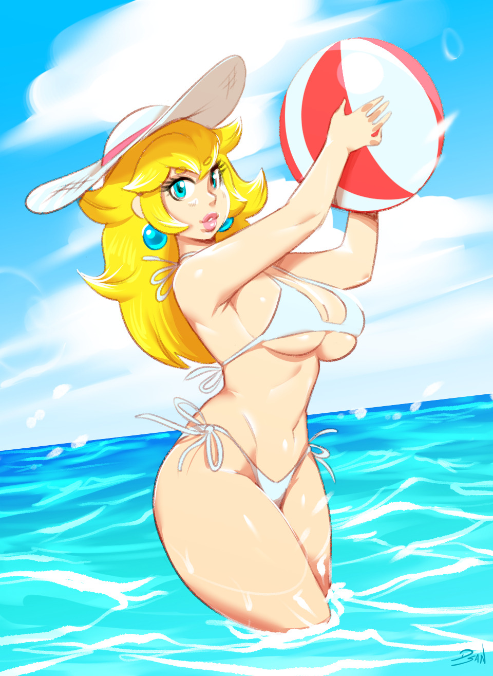 1girls, beach, beach ball, bikini, blonde hair, blue eyes, breasts, dsan, earrings, female, female only, hat, lips, lipstick, long hair, makeup, mario (series), nintendo, outdoors, outside, partially submerged, pink lipstick, princess peach, sky, solo, sun hat, swimsuit, water, white bikini