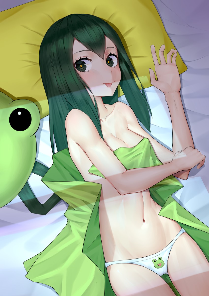 1girls, abs, bed, blanket, breasts, cameltoe, cleavage, covered breasts, covering, covering breasts, female, female only, frog girl, green hair, green-haired female, my hero academia, on back, panties, pussy, solo, thigh gap, tongue, tongue out, topless, tsuyu asui