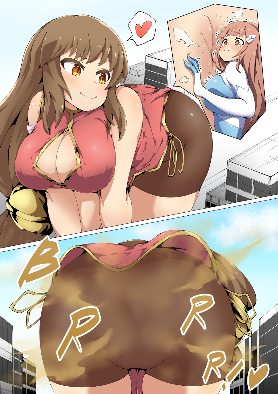 anus, ass, bending over, bent over, big breasts, bike shorts, breasts, brown eyes, brown hair, building, buildings, butt, city, cleavage, day, daytime, dress, fart, fart cloud, farting, female, female domination, females, females focus, females only, femdom, from behind, giant female, giant woman, giantess, heart, hi res, holding breath, huge fart, large breasts, long hair, looking back, loud fart, macro female, macrophilia, multiple females, multiple girls, multiple views, original, original character, outdoors, smell, smirk, smirking face, stink, stink fumes, stinky, stinky anus, stinky ass, stinky butt, stinky fart, trapped, trapped in butt, trapped in clothing
