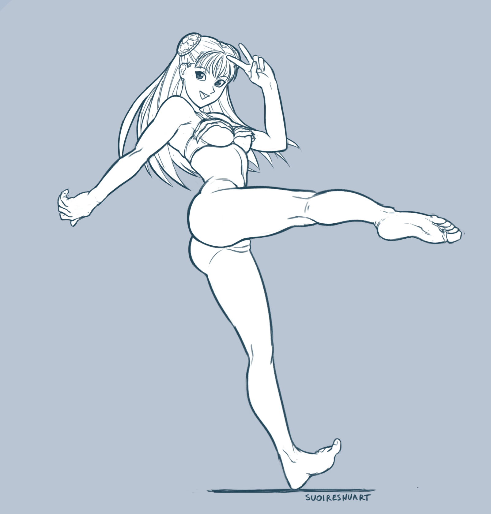 1girls, ass, barefoot, bikini, bottomless, breasts, capcom, female, hair ornament, hairpods, highres, ingrid (capcom), innie pussy, long hair, open mouth, pussy, sketch, smile, solo, street fighter, suoiresnu, swimsuit, v